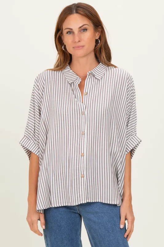 Brown Striped Button Up Dolman Top sold by Pinkblush
