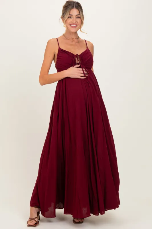 Burgundy Gathered Tie Front Maternity Maxi Dress sold by Pinkblush