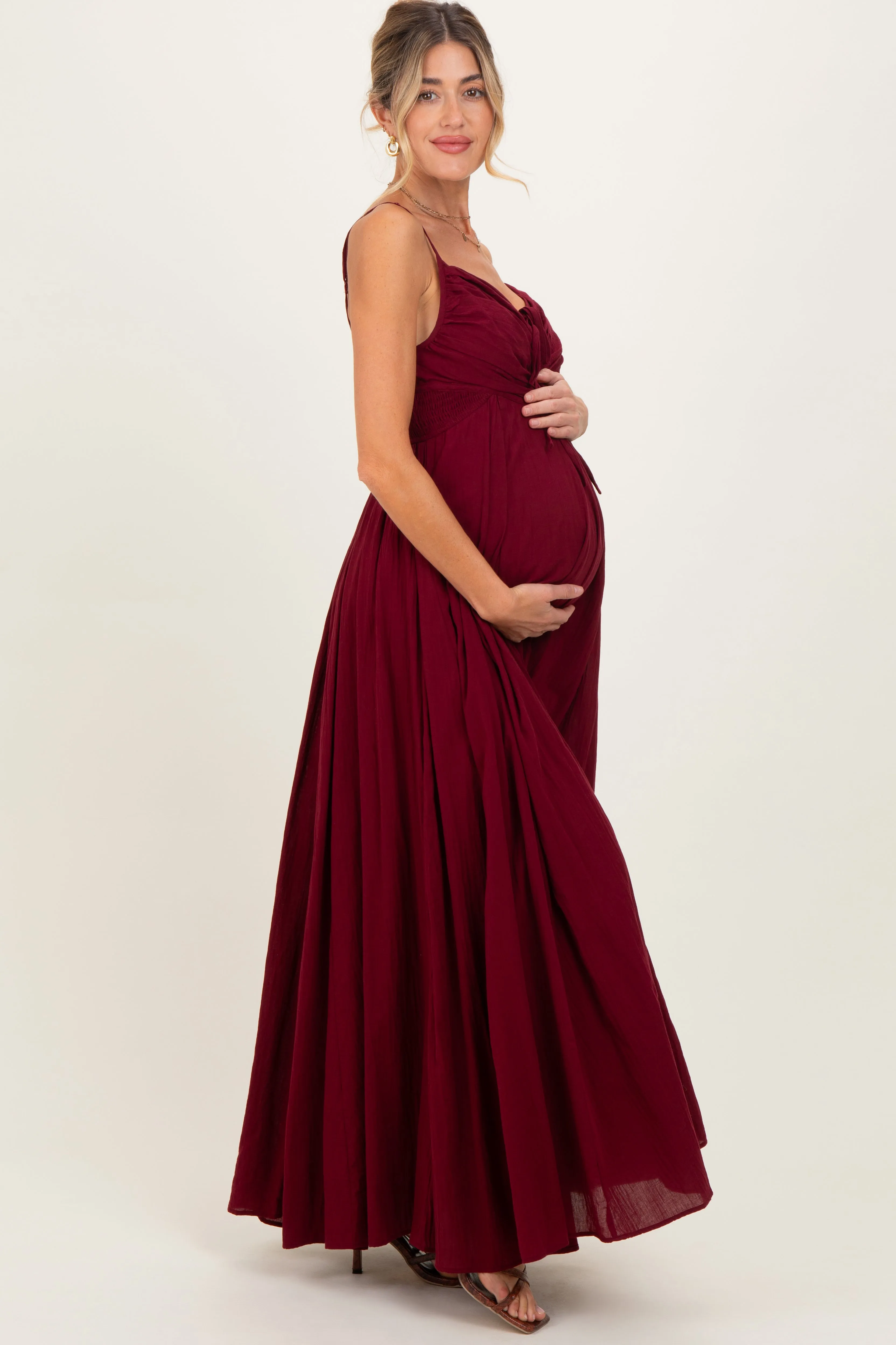 Burgundy Gathered Tie Front Maternity Maxi Dress sold by Pinkblush product image thumbnail 2