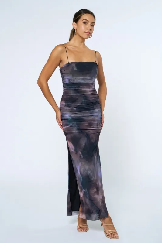 Charcoal Printed Mesh Ruched Sleeveless Maxi Dress sold by Pinkblush