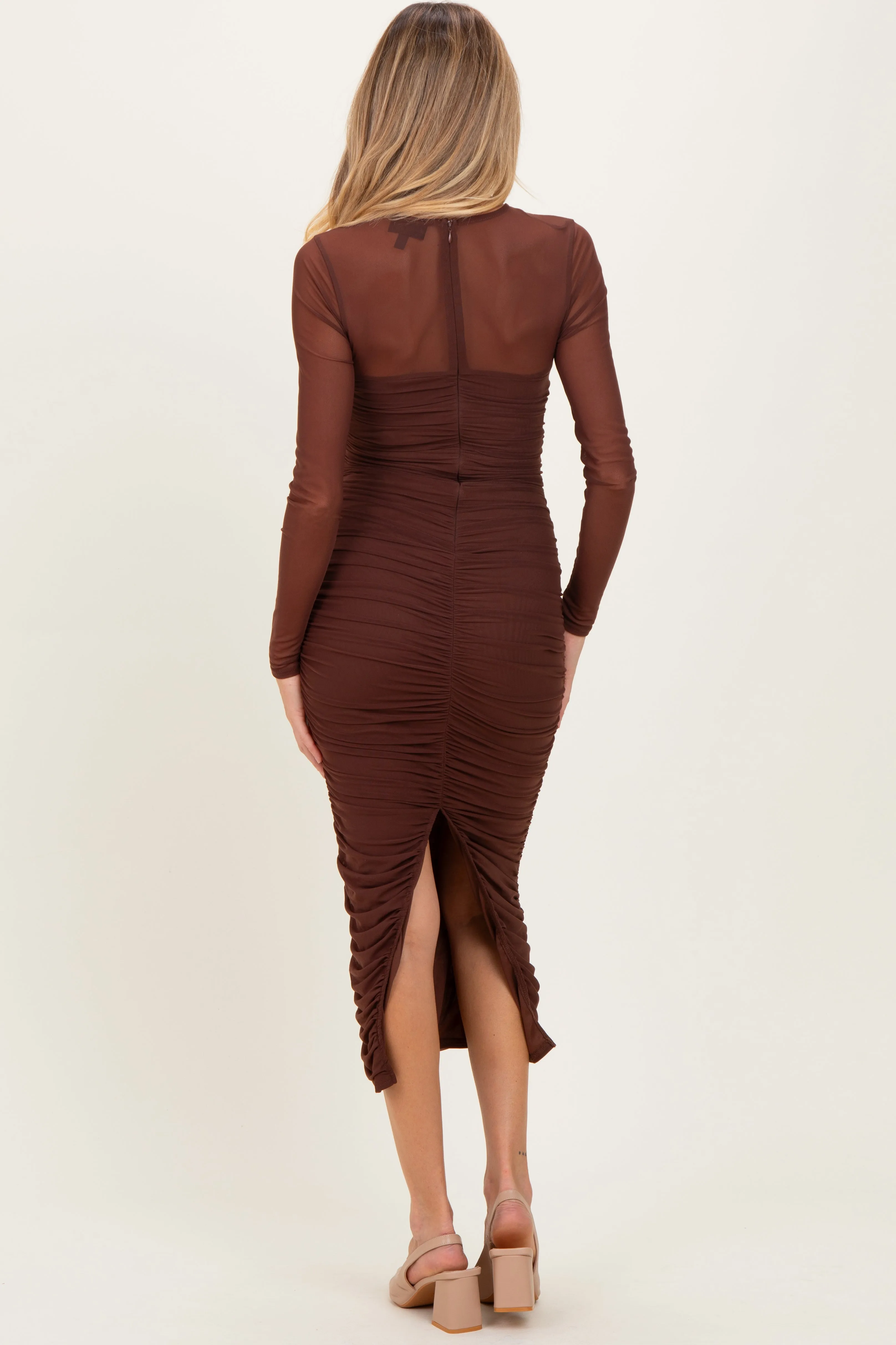 Brown Mesh Ruched Long Sleeve Maternity Midi Dress sold by Pinkblush product image thumbnail 3