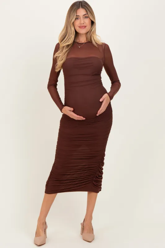 Brown Mesh Ruched Long Sleeve Maternity Midi Dress sold by Pinkblush