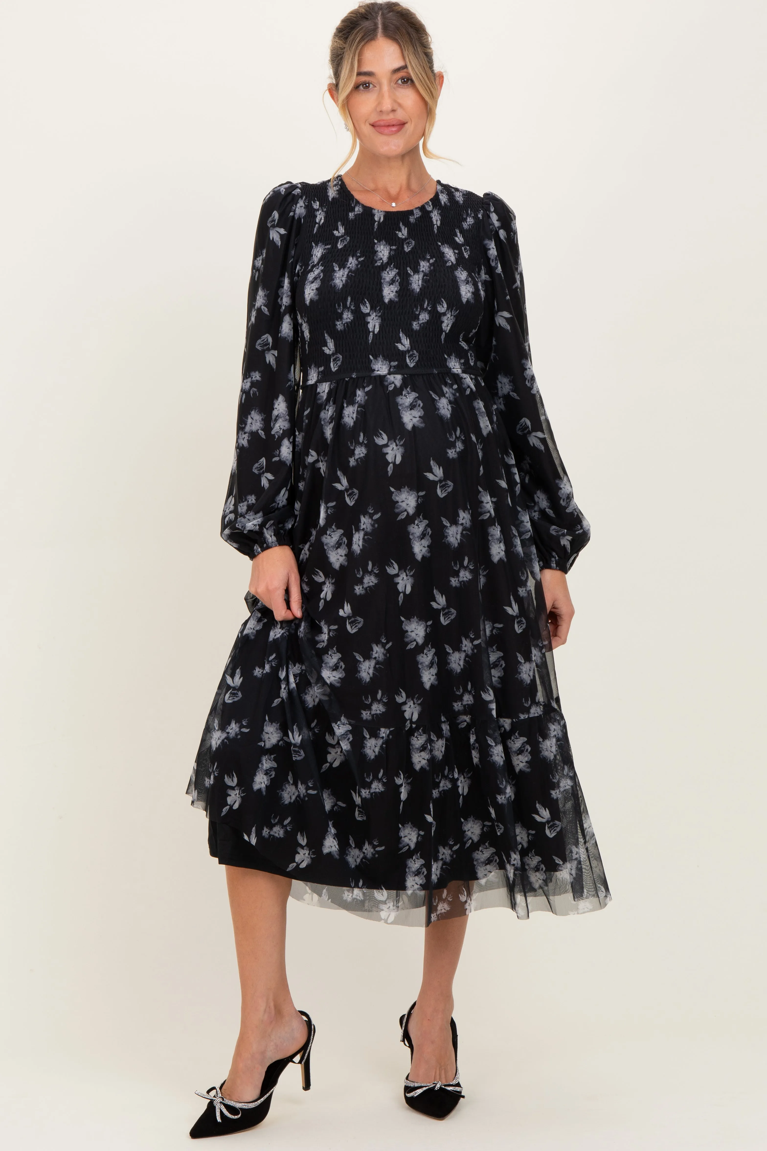 Black Floral Mesh Smocked Maternity Midi Dress sold by Pinkblush product image thumbnail 2