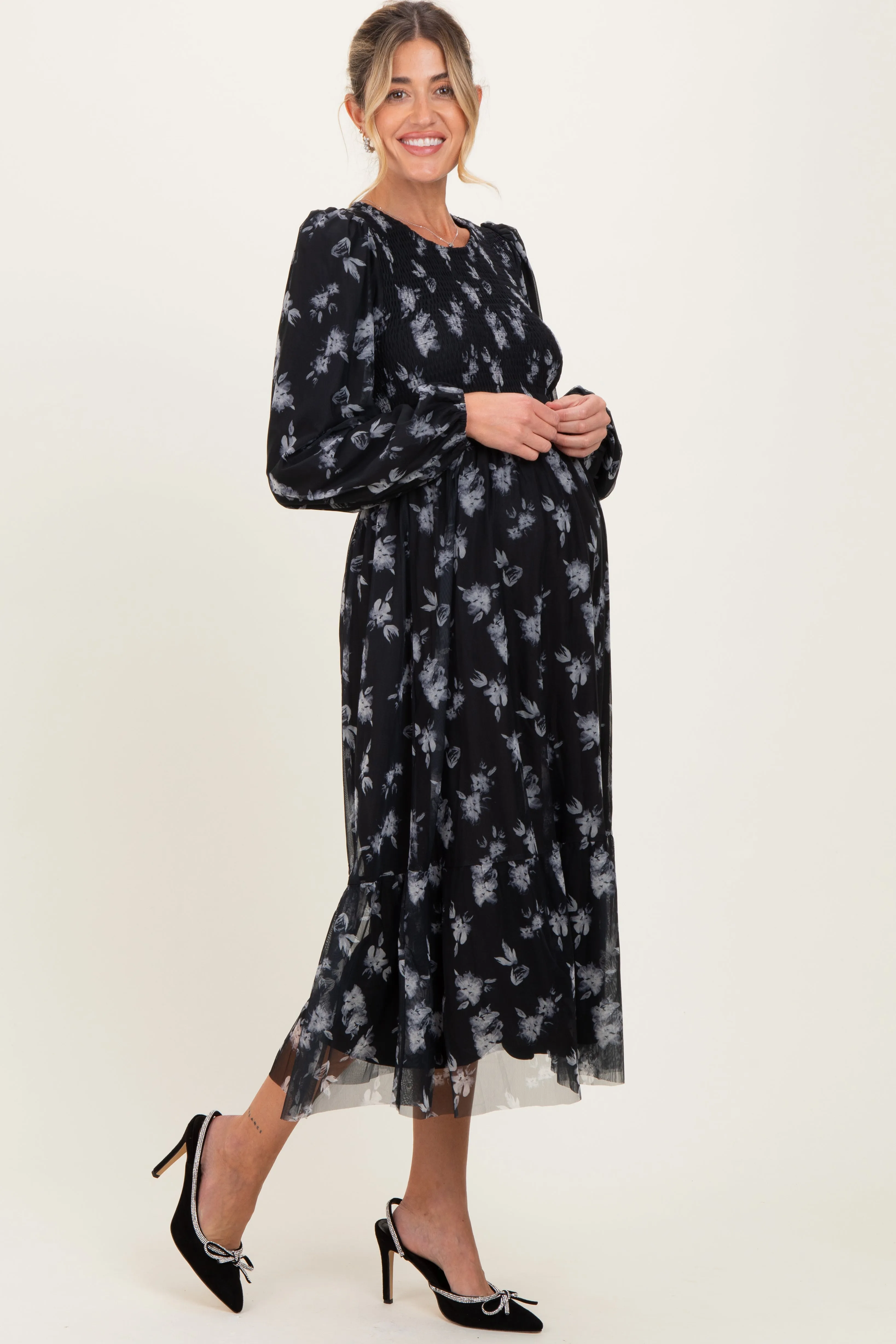 Black Floral Mesh Smocked Maternity Midi Dress sold by Pinkblush product image thumbnail 3
