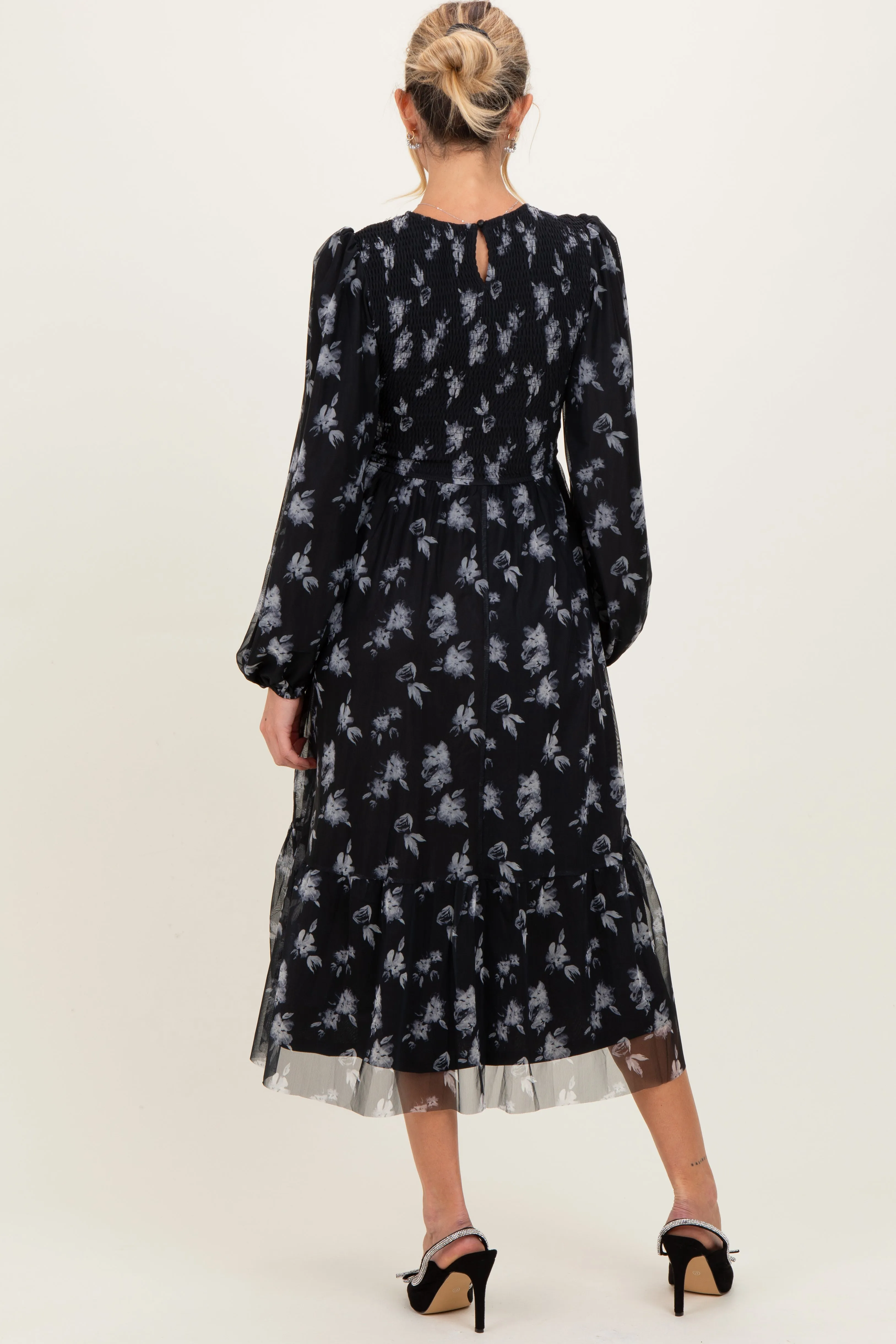 Black Floral Mesh Smocked Maternity Midi Dress sold by Pinkblush product image thumbnail 4