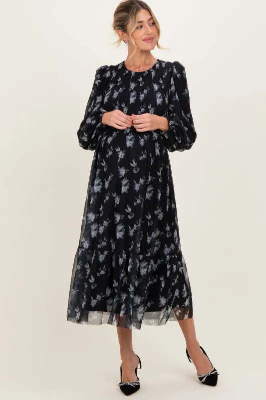 Black Floral Mesh Smocked Maternity Midi Dress sold by Pinkblush