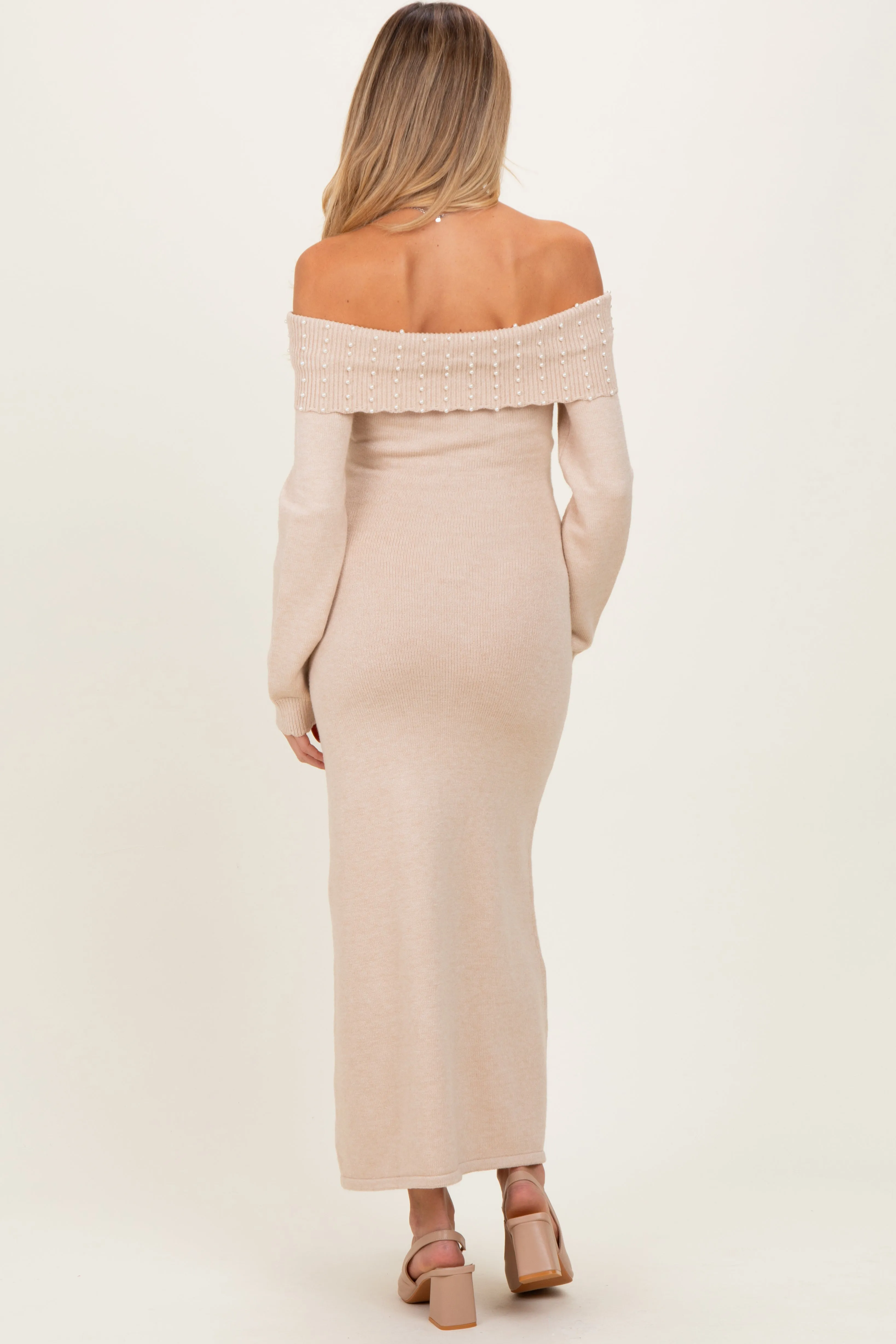 Beige Faux Pearl Detail Off Shoulder Maternity Sweater Dress sold by Pinkblush product image thumbnail 4
