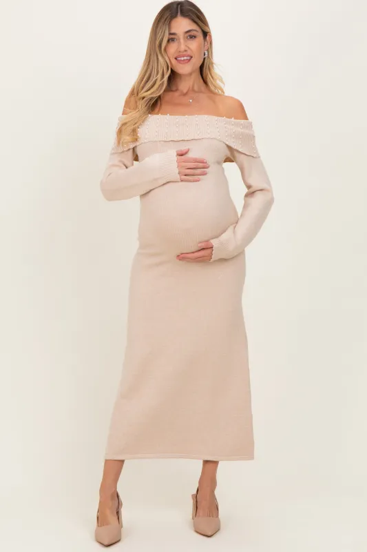 Beige Faux Pearl Detail Off Shoulder Maternity Sweater Dress sold by Pinkblush