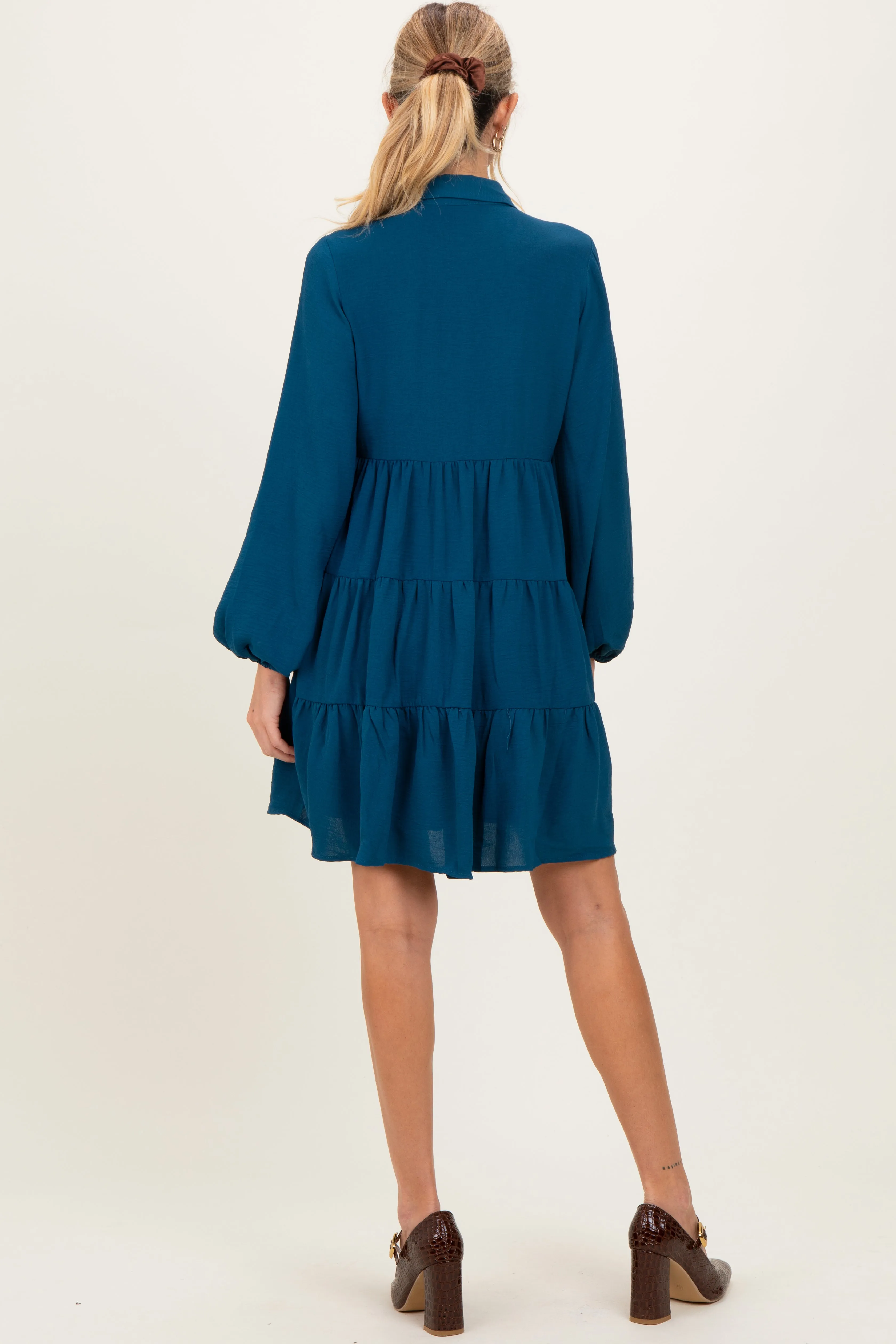 Dark Teal Tiered Back Detail Button Down Maternity Dress sold by Pinkblush product image thumbnail 4