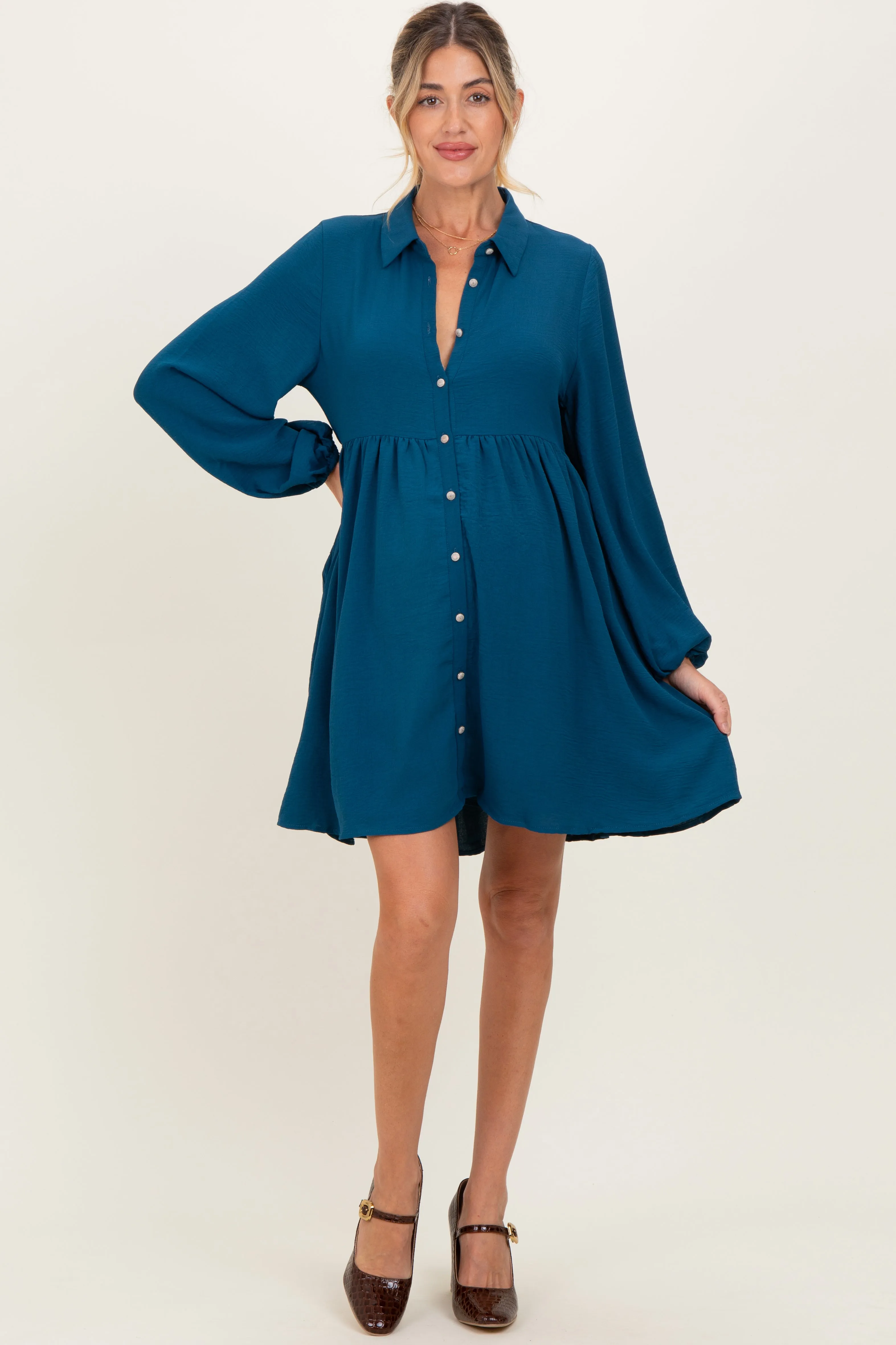 Dark Teal Tiered Back Detail Button Down Maternity Dress sold by Pinkblush