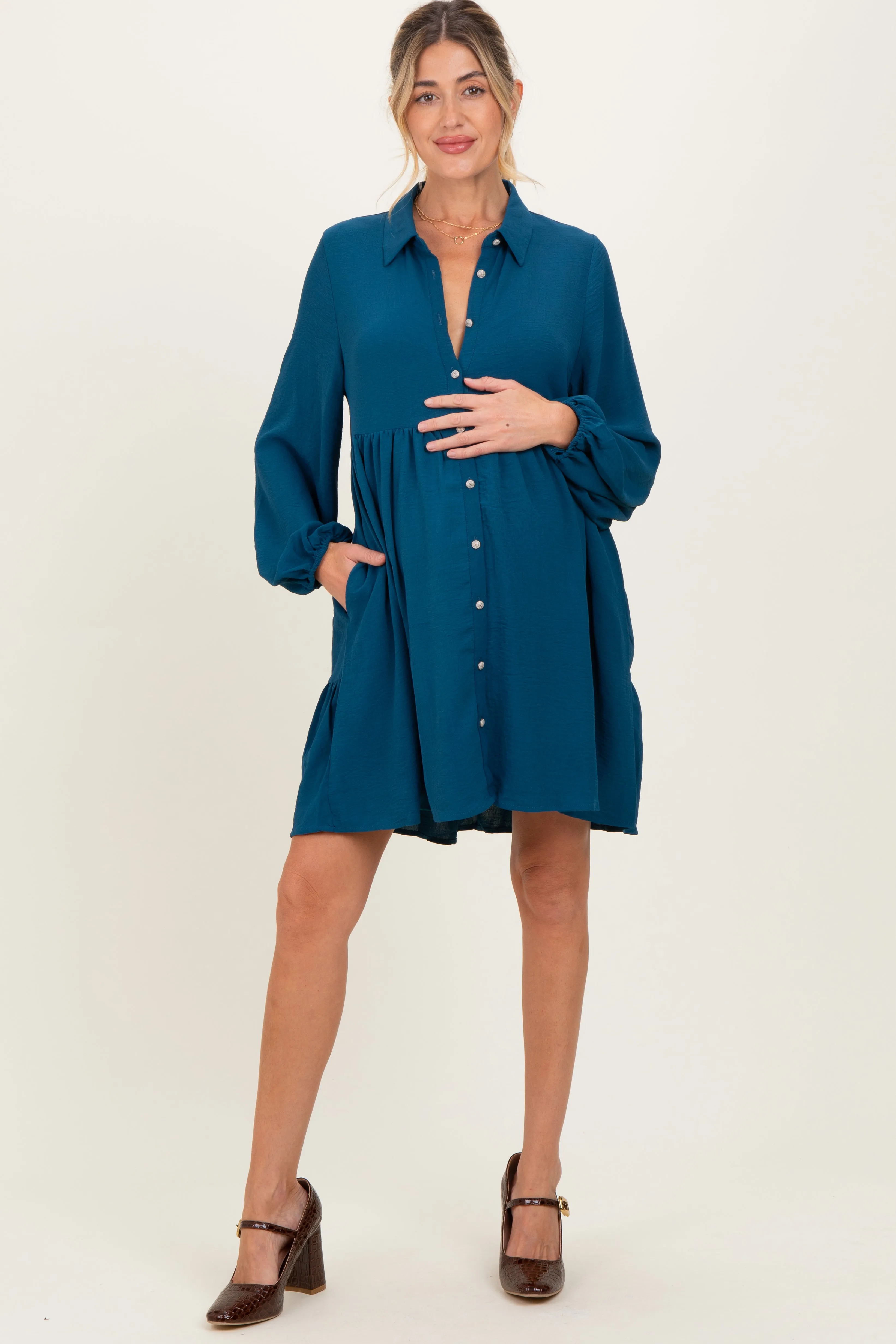 Dark Teal Tiered Back Detail Button Down Maternity Dress sold by Pinkblush product image thumbnail 2