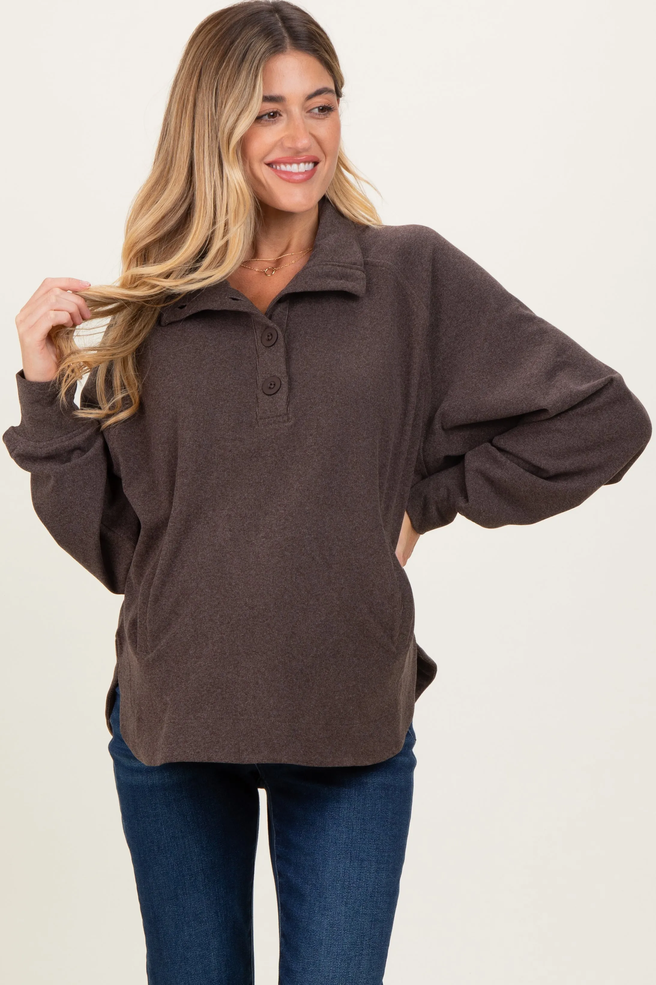 Brown Brushed Knit Button Collar Maternity Pullover sold by Pinkblush