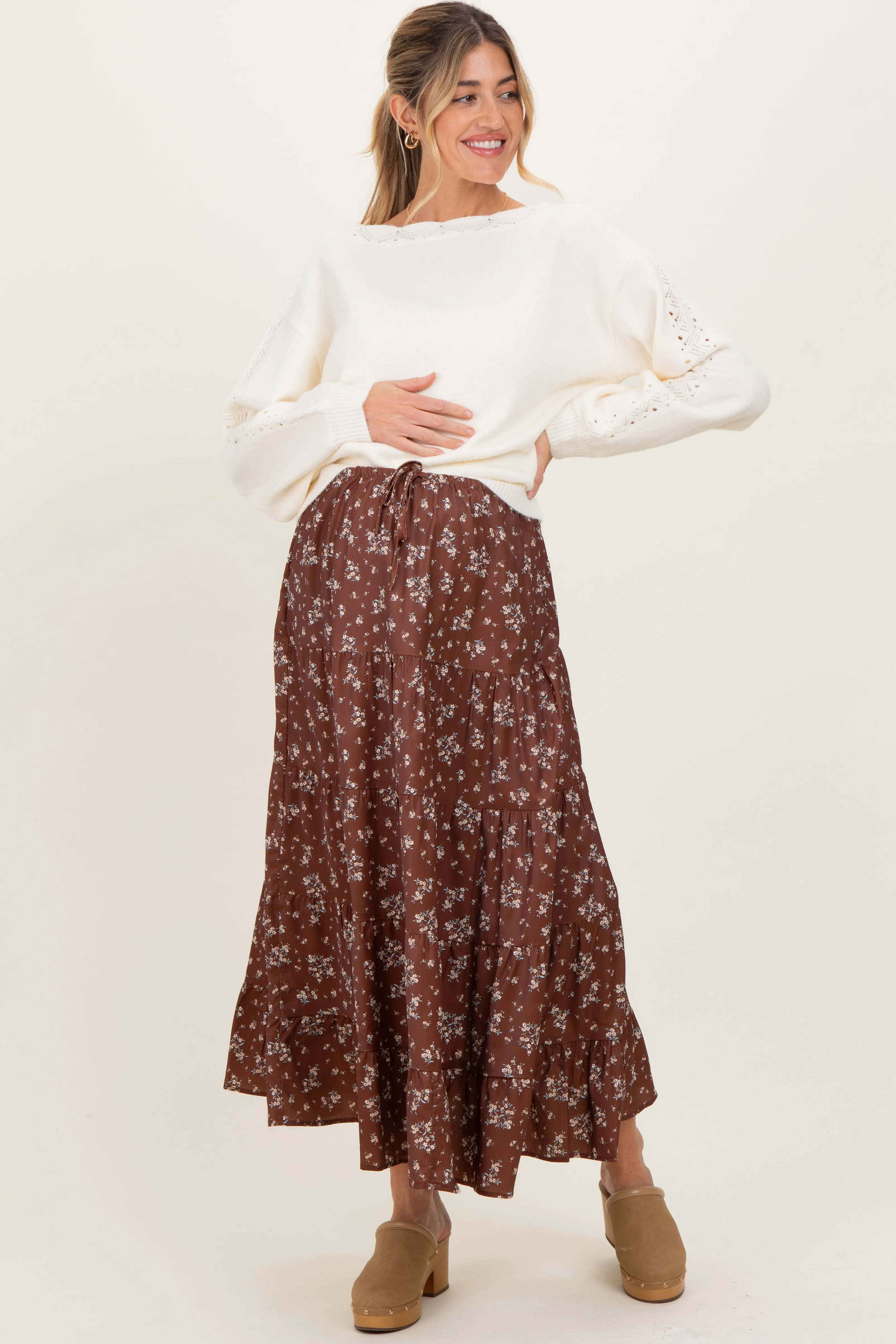 Brown Floral Tiered Maternity Maxi Skirt sold by Pinkblush