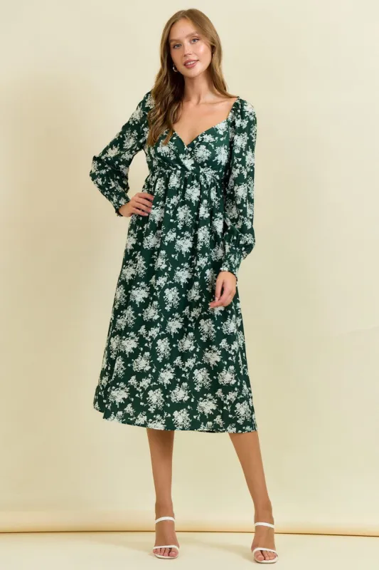 Forest Green Floral Crossover Neckline Midi Dress sold by Pinkblush