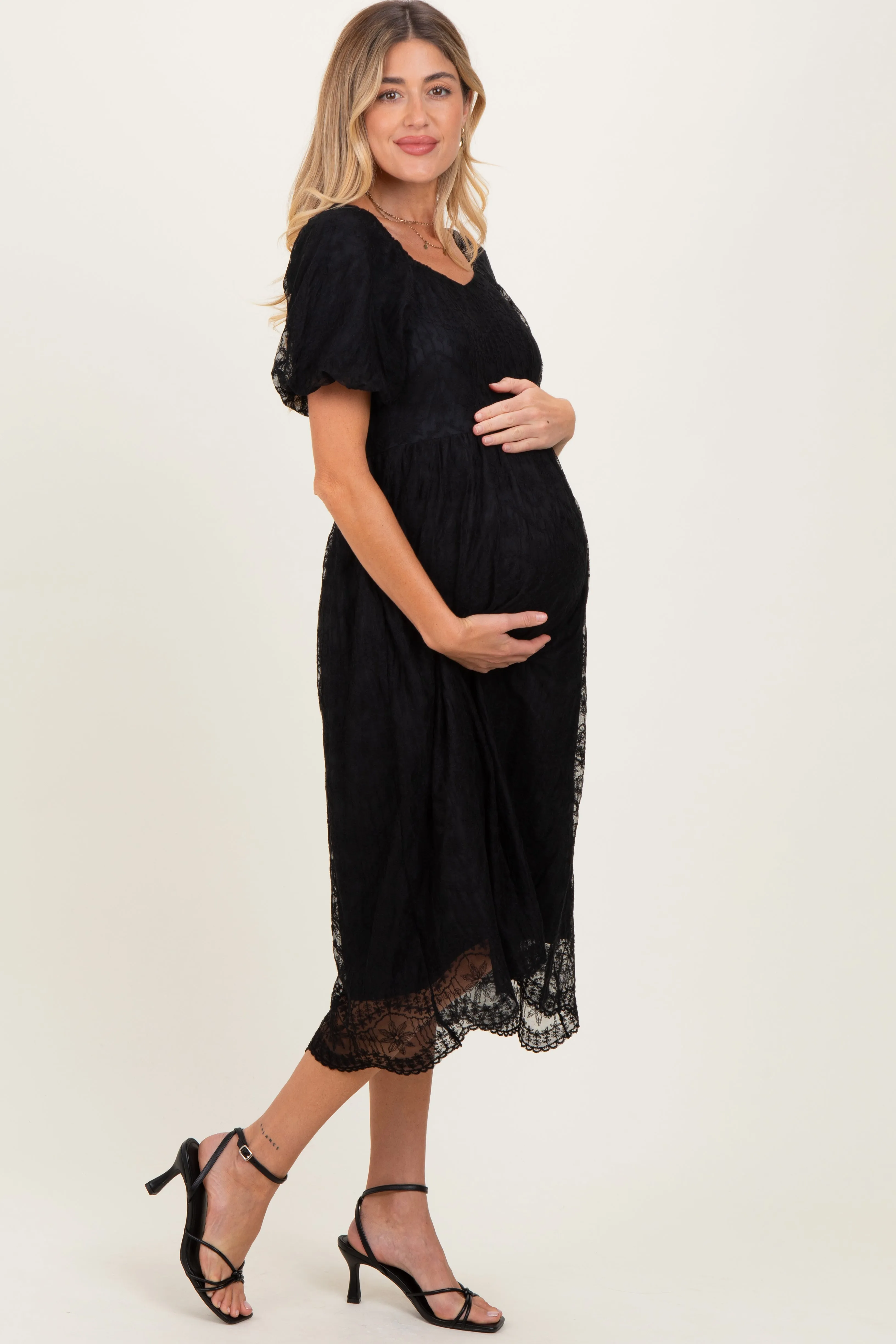 Black Lace Sweetheart Neck Short Sleeve Maternity Midi Dress sold by Pinkblush product image thumbnail 3