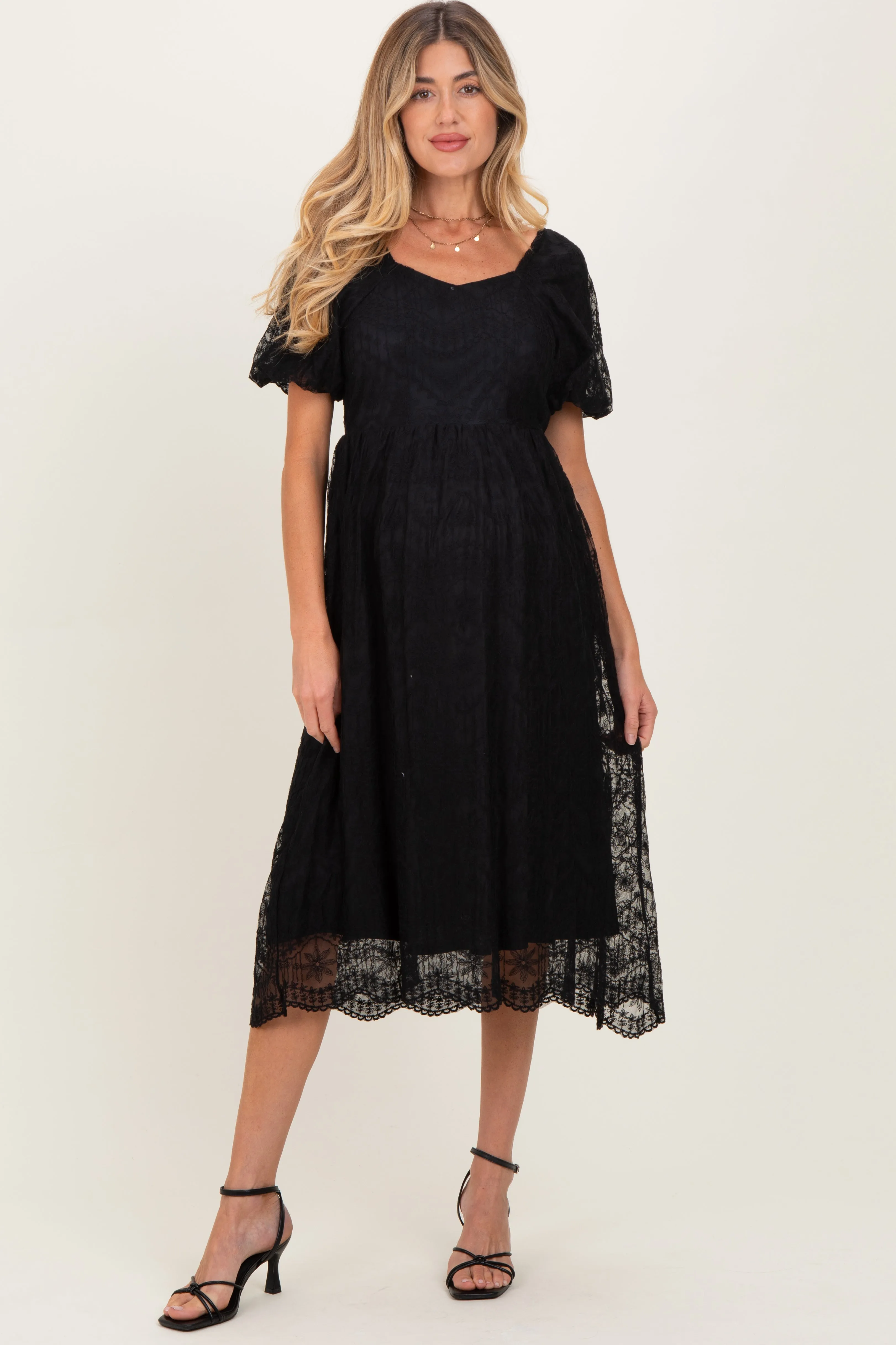 Black Lace Sweetheart Neck Short Sleeve Maternity Midi Dress sold by Pinkblush