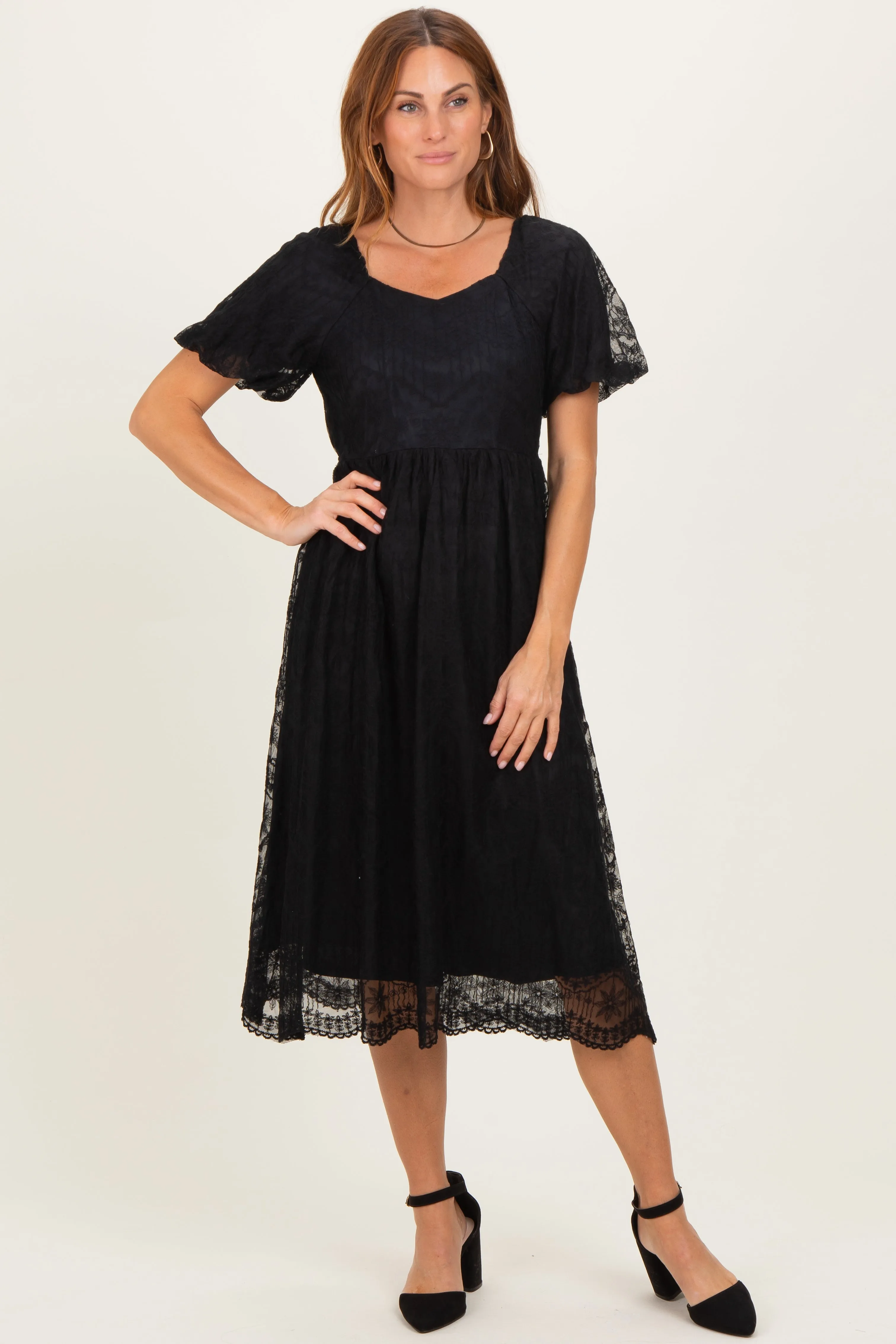 Black Lace Sweetheart Neck Short Sleeve Maternity Midi Dress sold by Pinkblush product image thumbnail 5