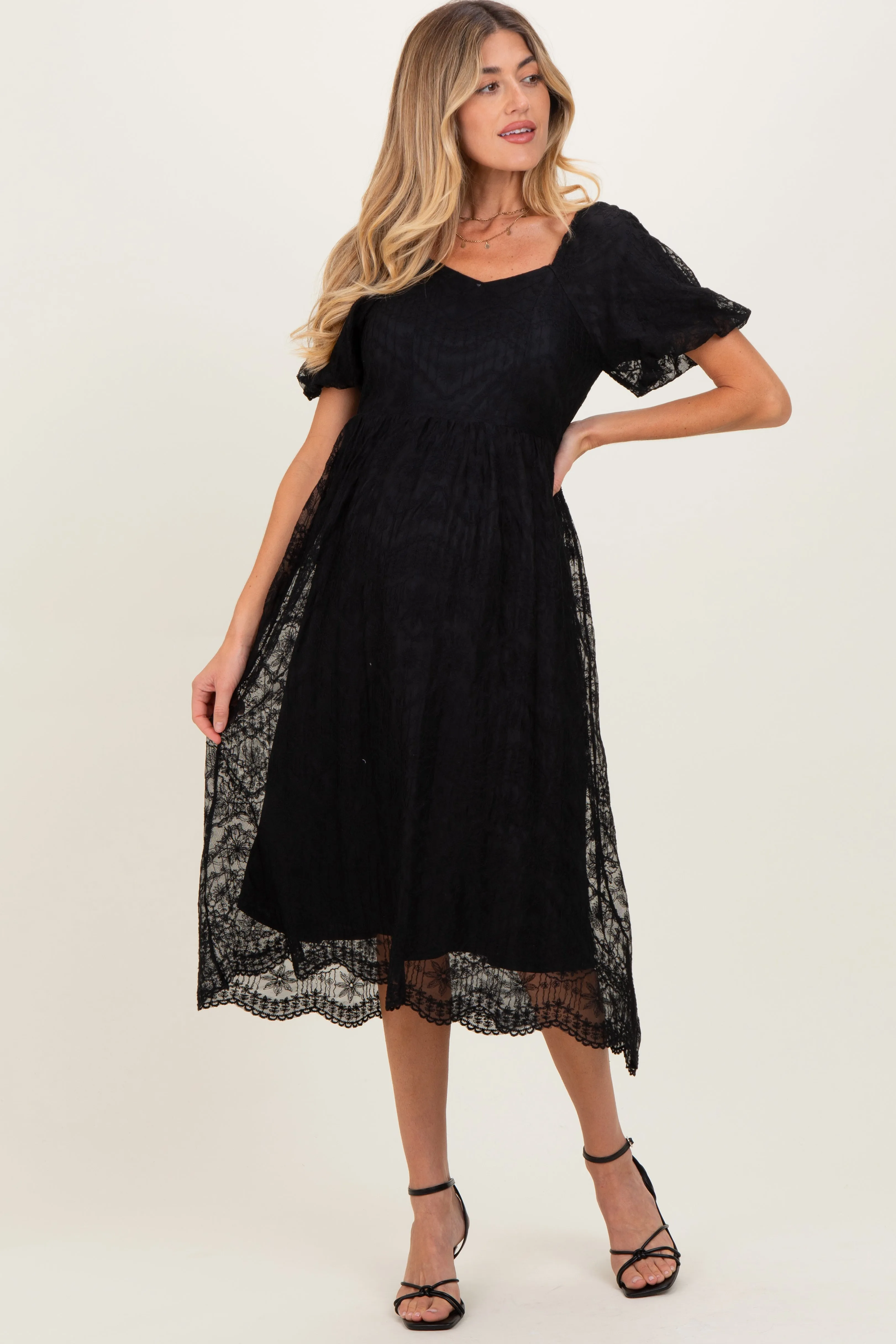 Black Lace Sweetheart Neck Short Sleeve Maternity Midi Dress sold by Pinkblush product image thumbnail 2
