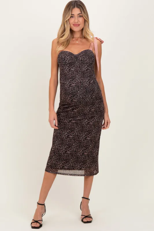 Brown Animal Print Mesh Shoulder Tie Maternity Dress sold by Pinkblush