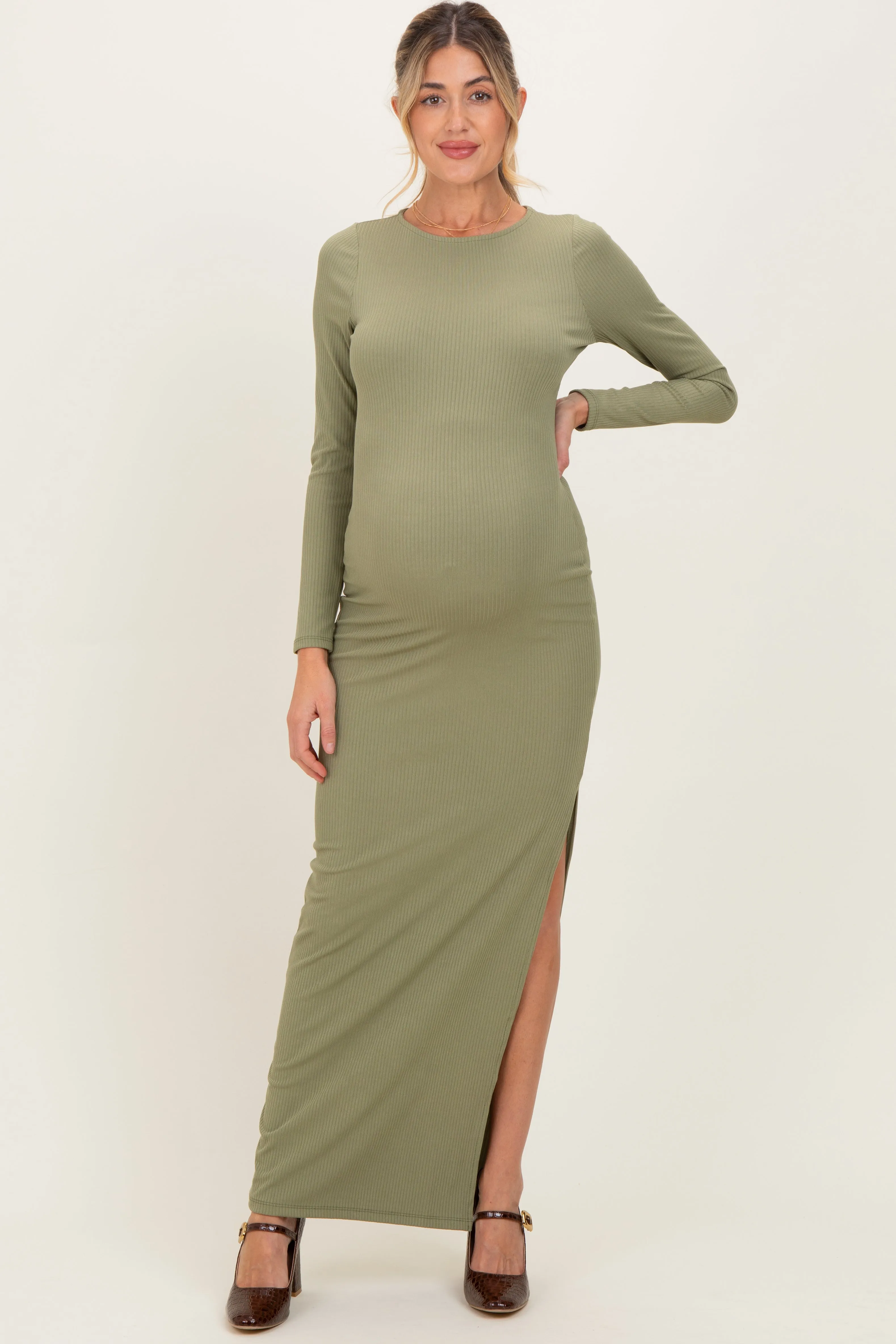 Light Olive Ribbed Long Sleeve Side Slit Maternity Maxi Dress sold by Pinkblush product image thumbnail 2
