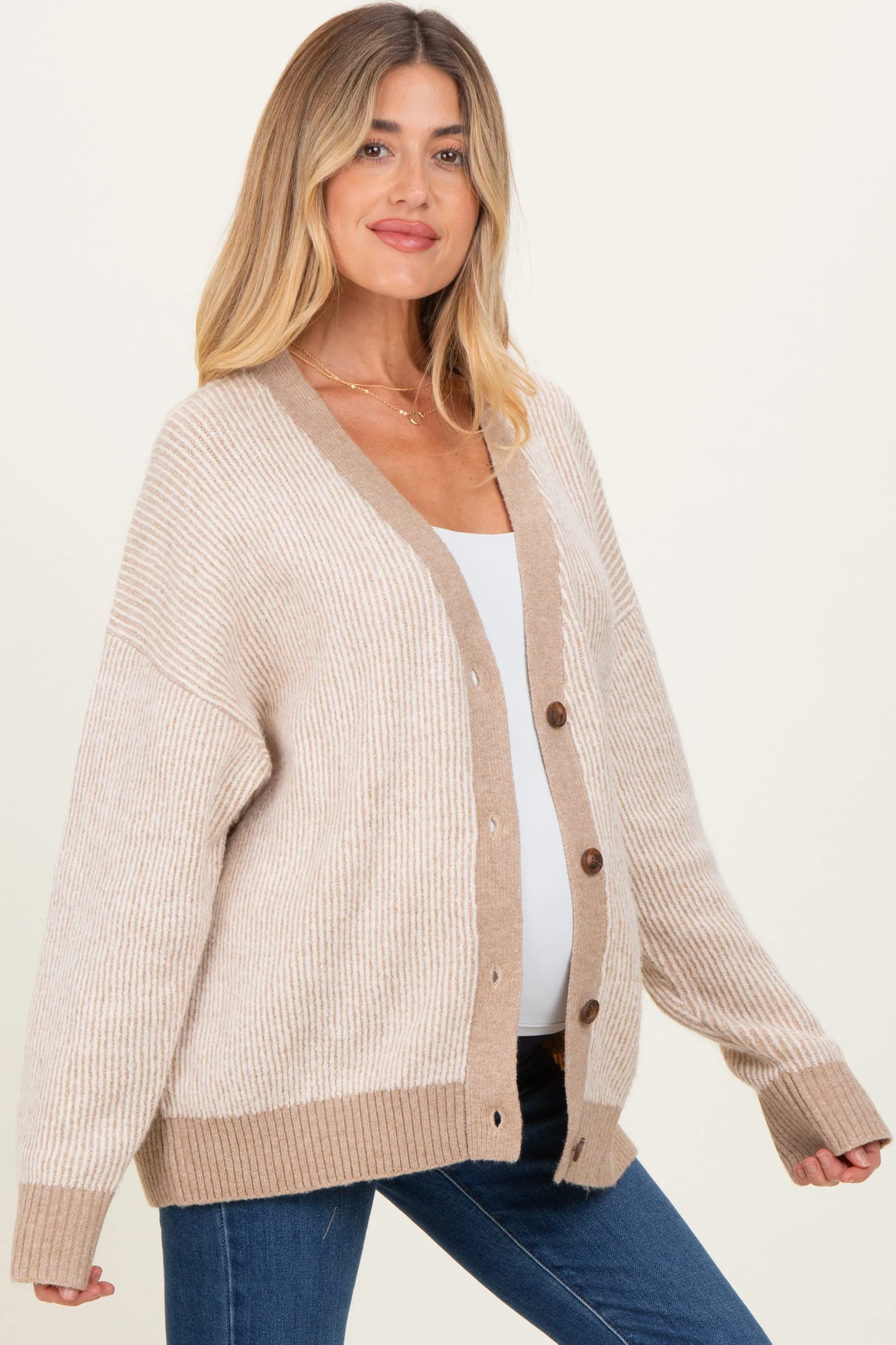 Taupe Two-Tone Button-Down Maternity Cardigan sold by Pinkblush product image thumbnail 2