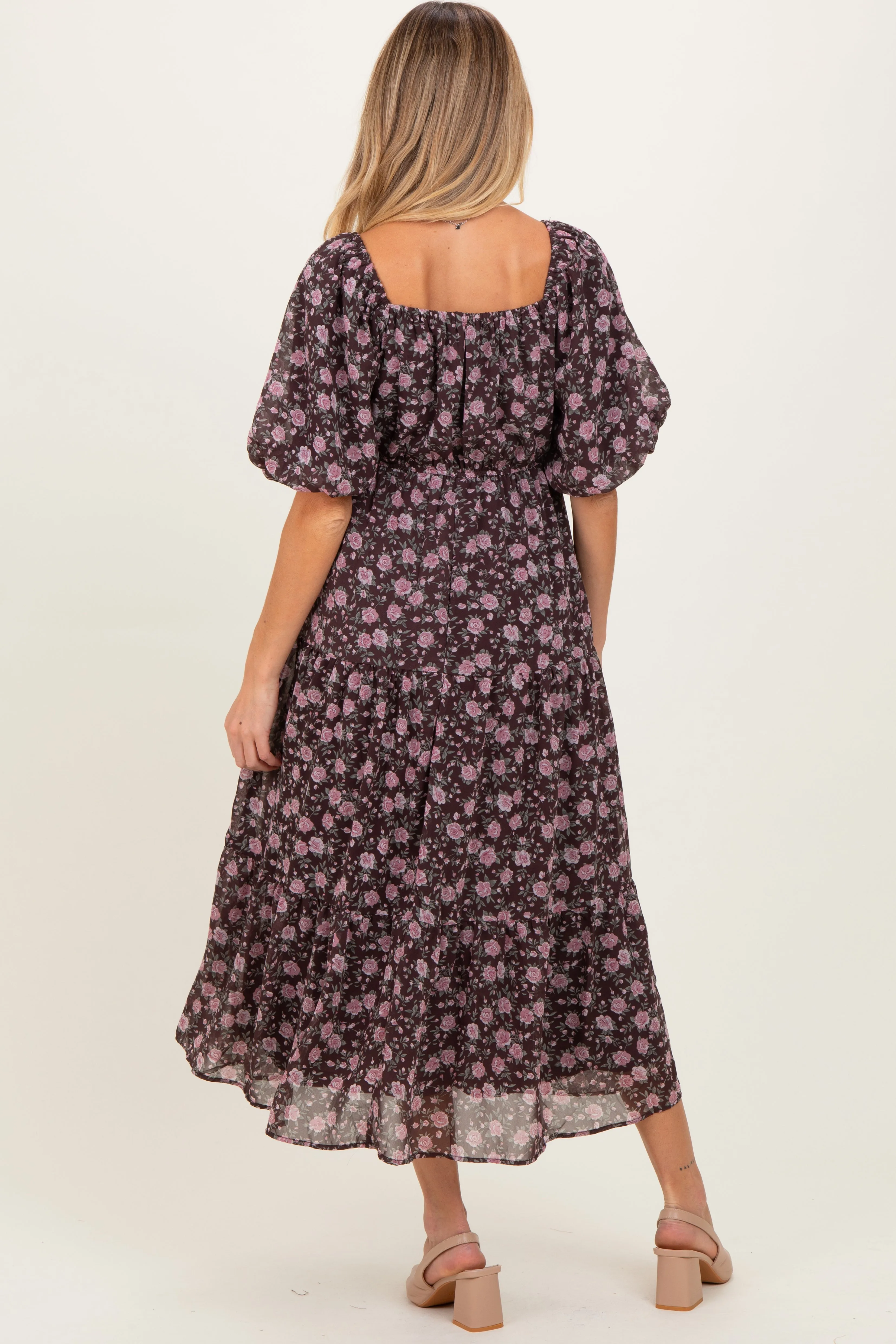 Brown Floral Sweetheart Neckline Puff Sleeve Maternity Maxi Dress sold by Pinkblush product image thumbnail 3