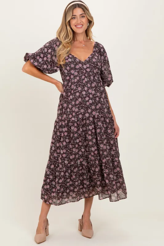 Brown Floral Sweetheart Neckline Puff Sleeve Maternity Maxi Dress sold by Pinkblush