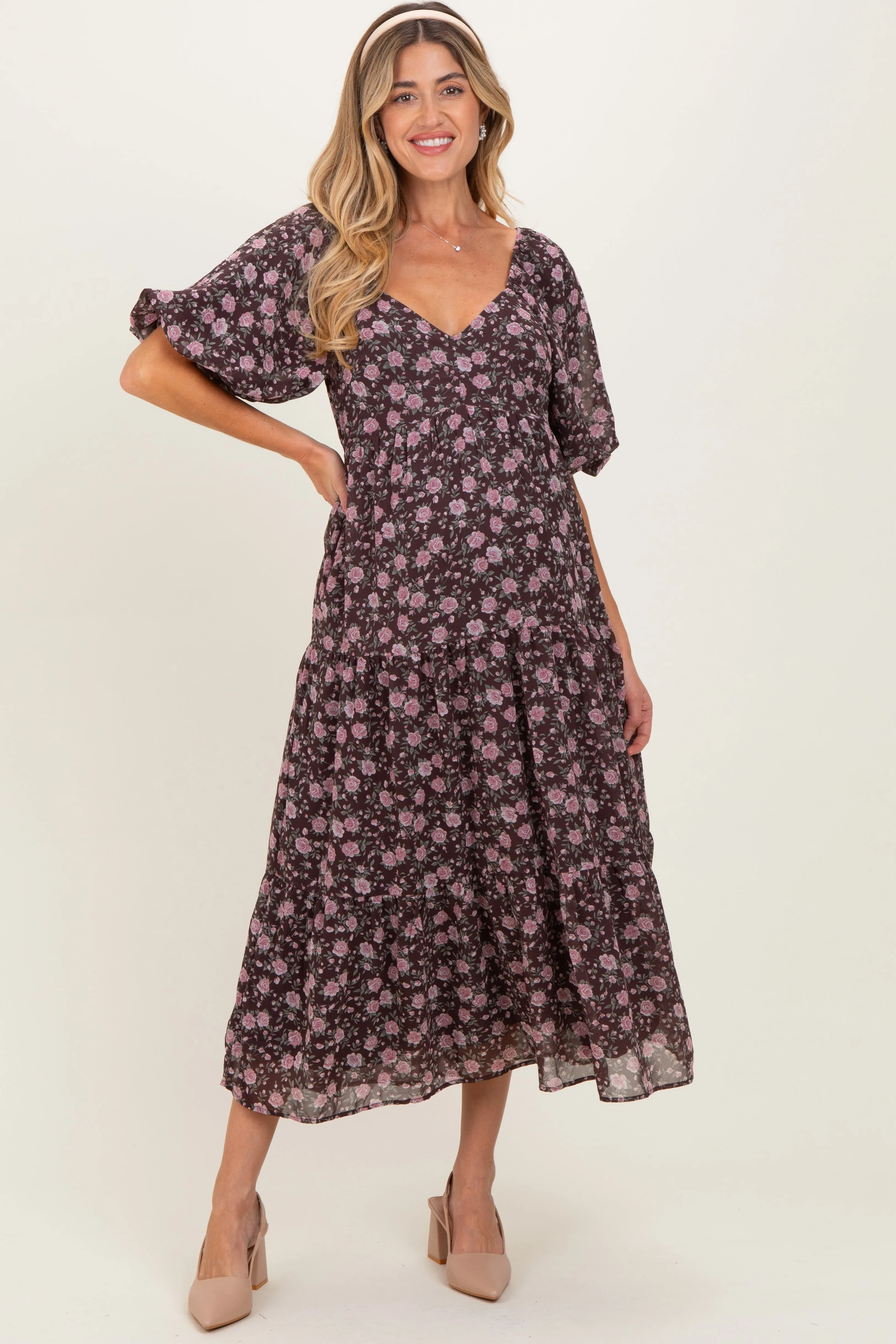 Brown Floral Sweetheart Neckline Puff Sleeve Maternity Maxi Dress sold by Pinkblush