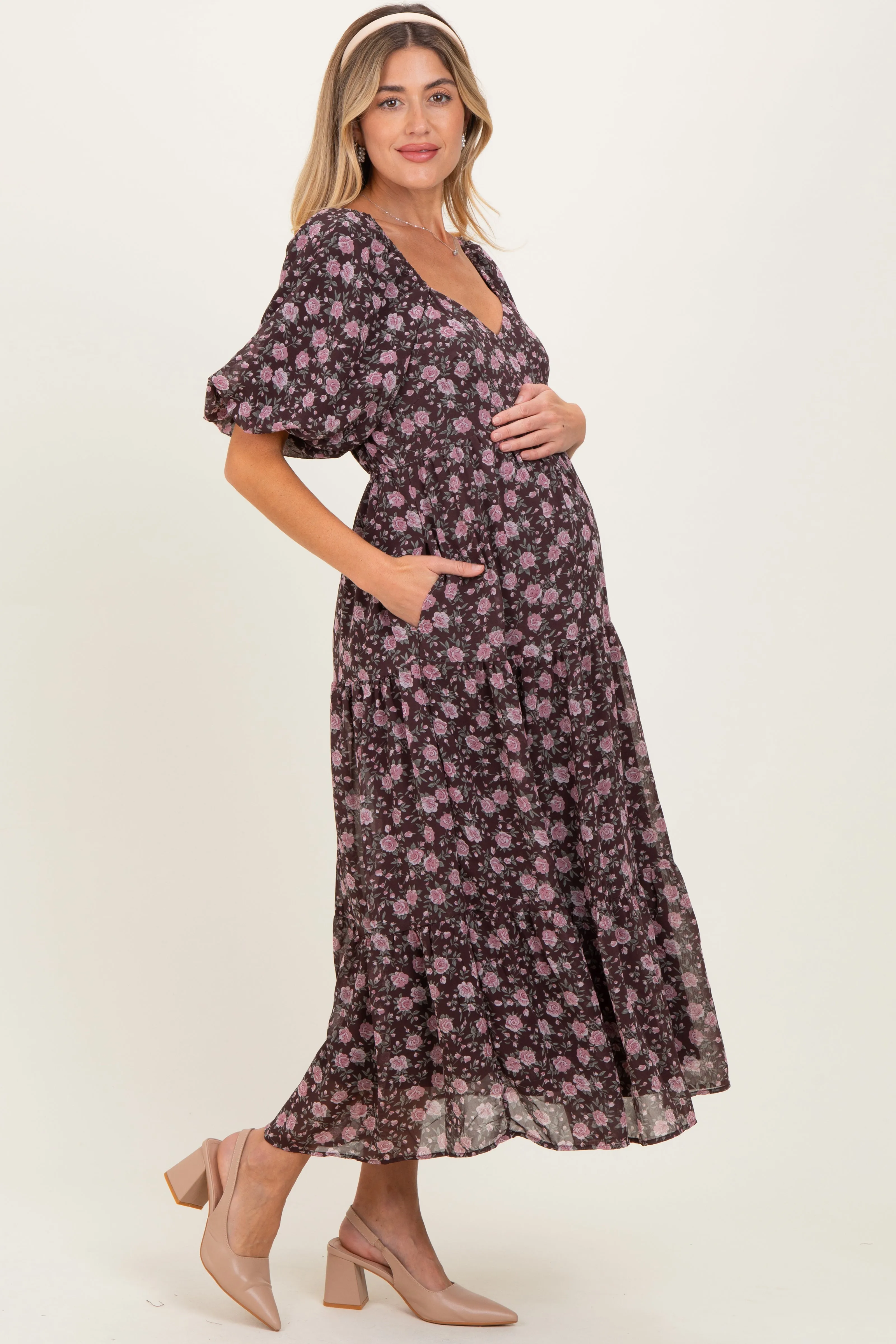 Brown Floral Sweetheart Neckline Puff Sleeve Maternity Maxi Dress sold by Pinkblush product image thumbnail 2