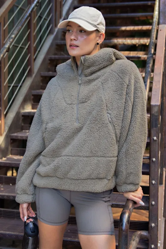 Dark Taupe Faux Sherpa Quarter Zip Hoodie sold by Pinkblush