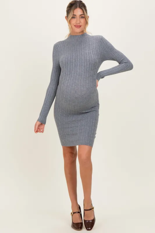 Heather Grey Cable Knit Mock Neck Maternity Mini Dress sold by Pinkblush