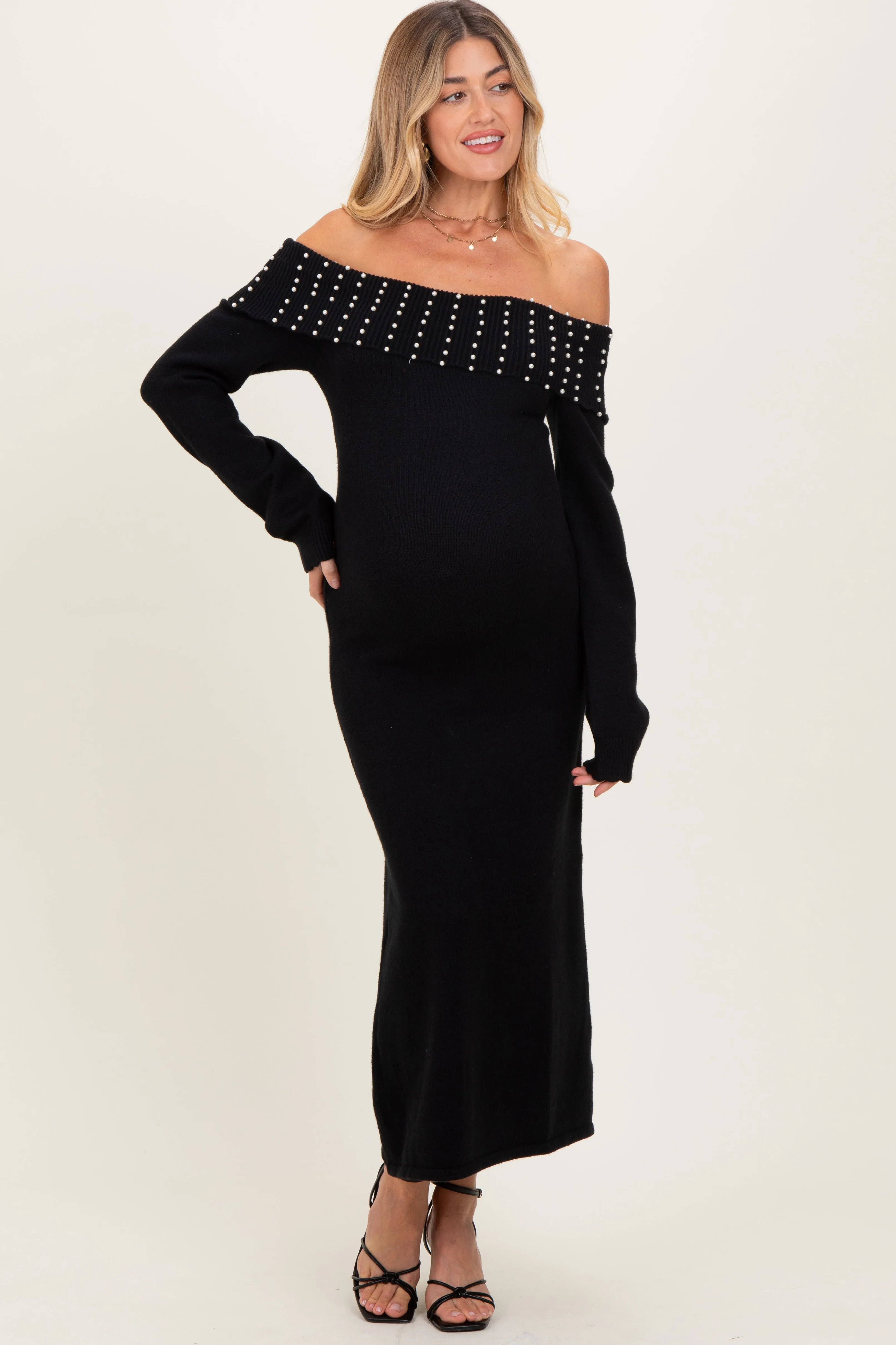 Black Faux Pearl Detail Off Shoulder Maternity Sweater Dress sold by Pinkblush product image thumbnail 3