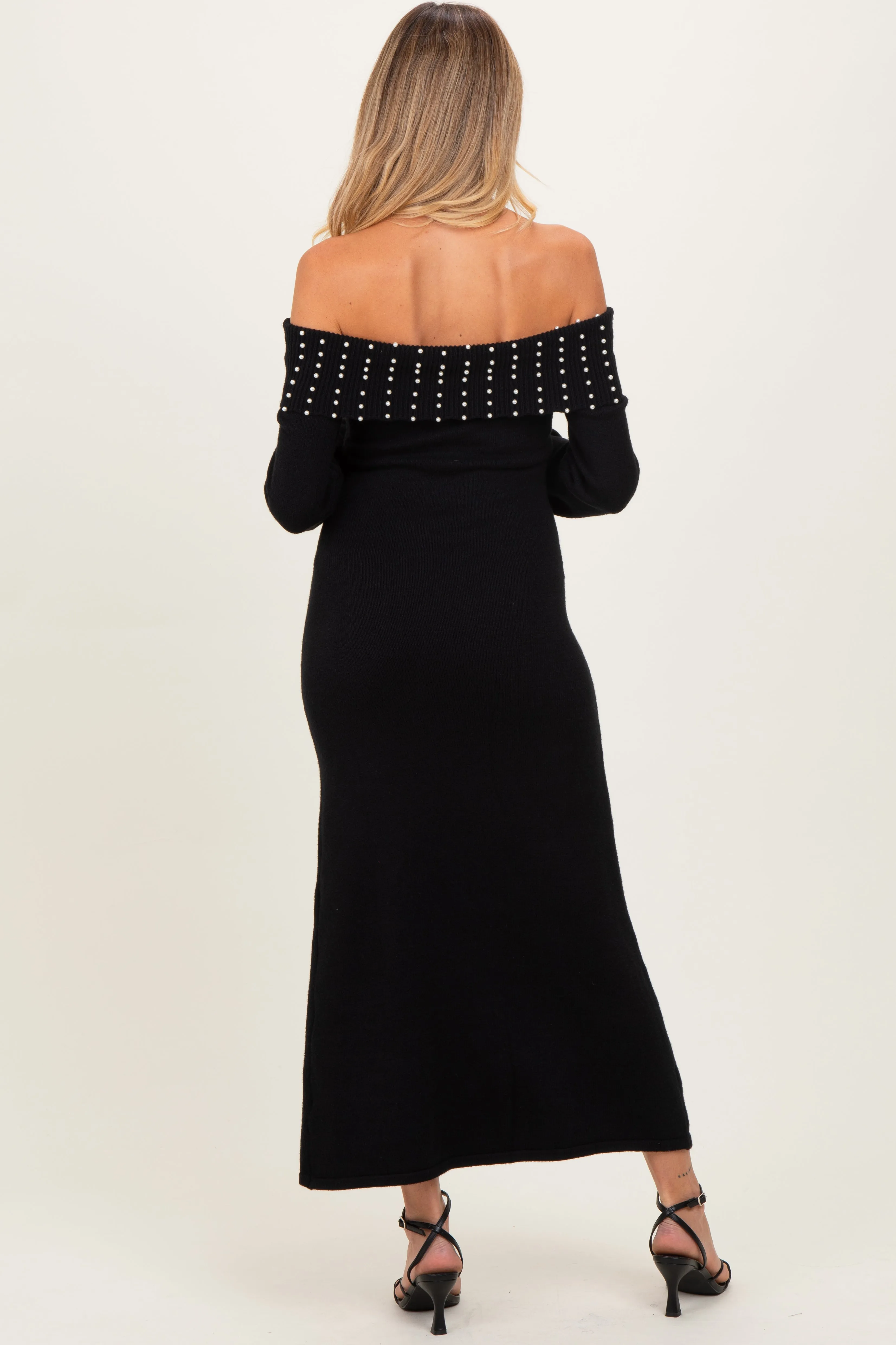 Black Faux Pearl Detail Off Shoulder Maternity Sweater Dress sold by Pinkblush product image thumbnail 4