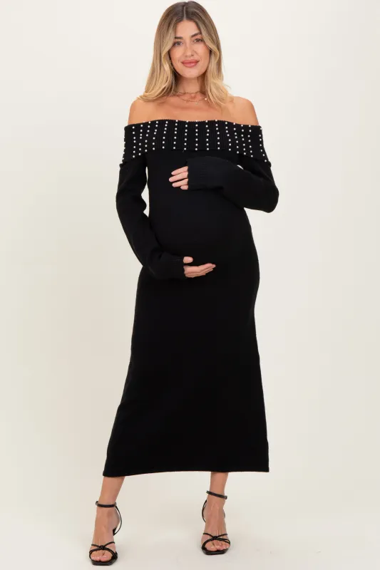 Black Faux Pearl Detail Off Shoulder Maternity Sweater Dress made by Able