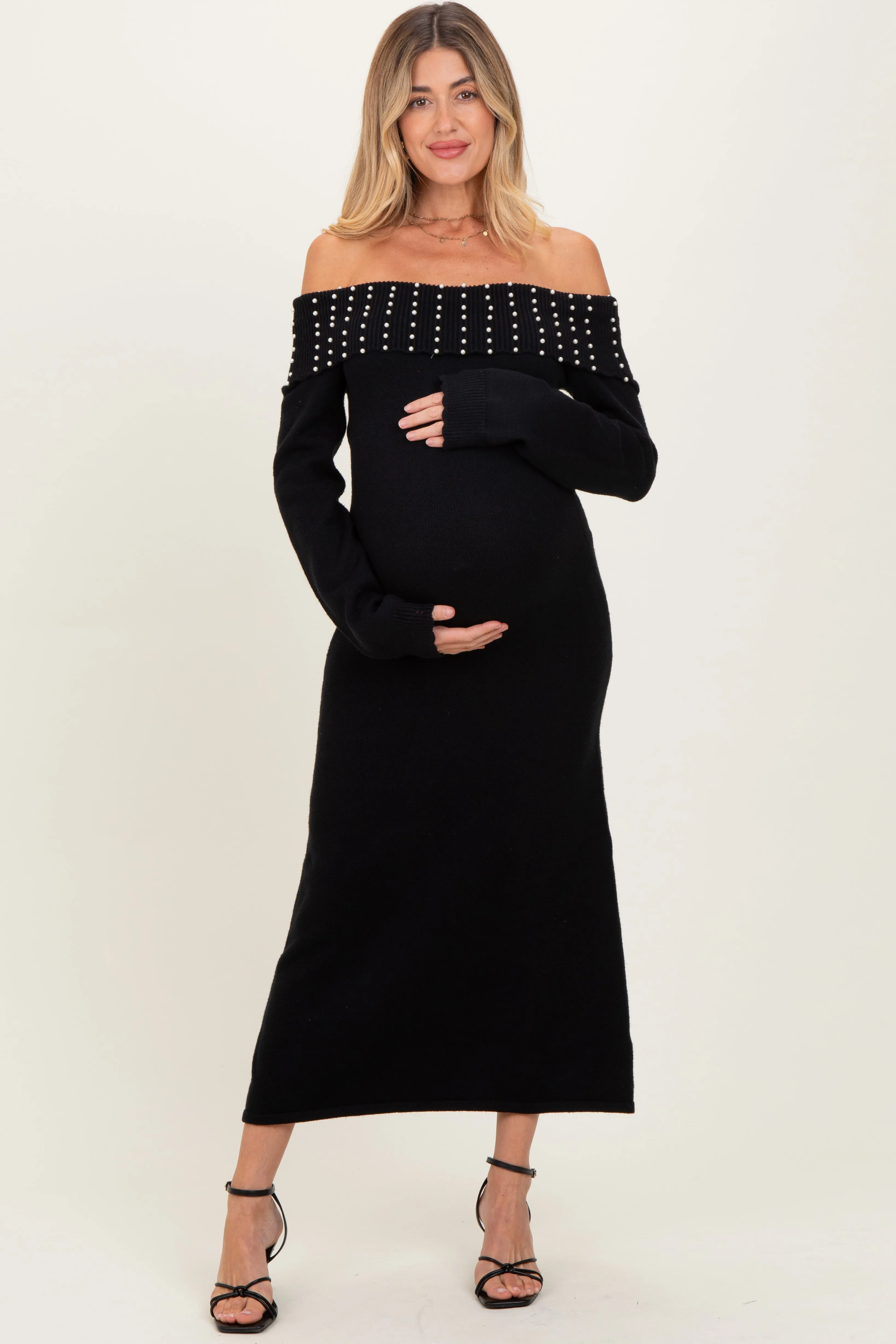 Black Faux Pearl Detail Off Shoulder Maternity Sweater Dress sold by Pinkblush