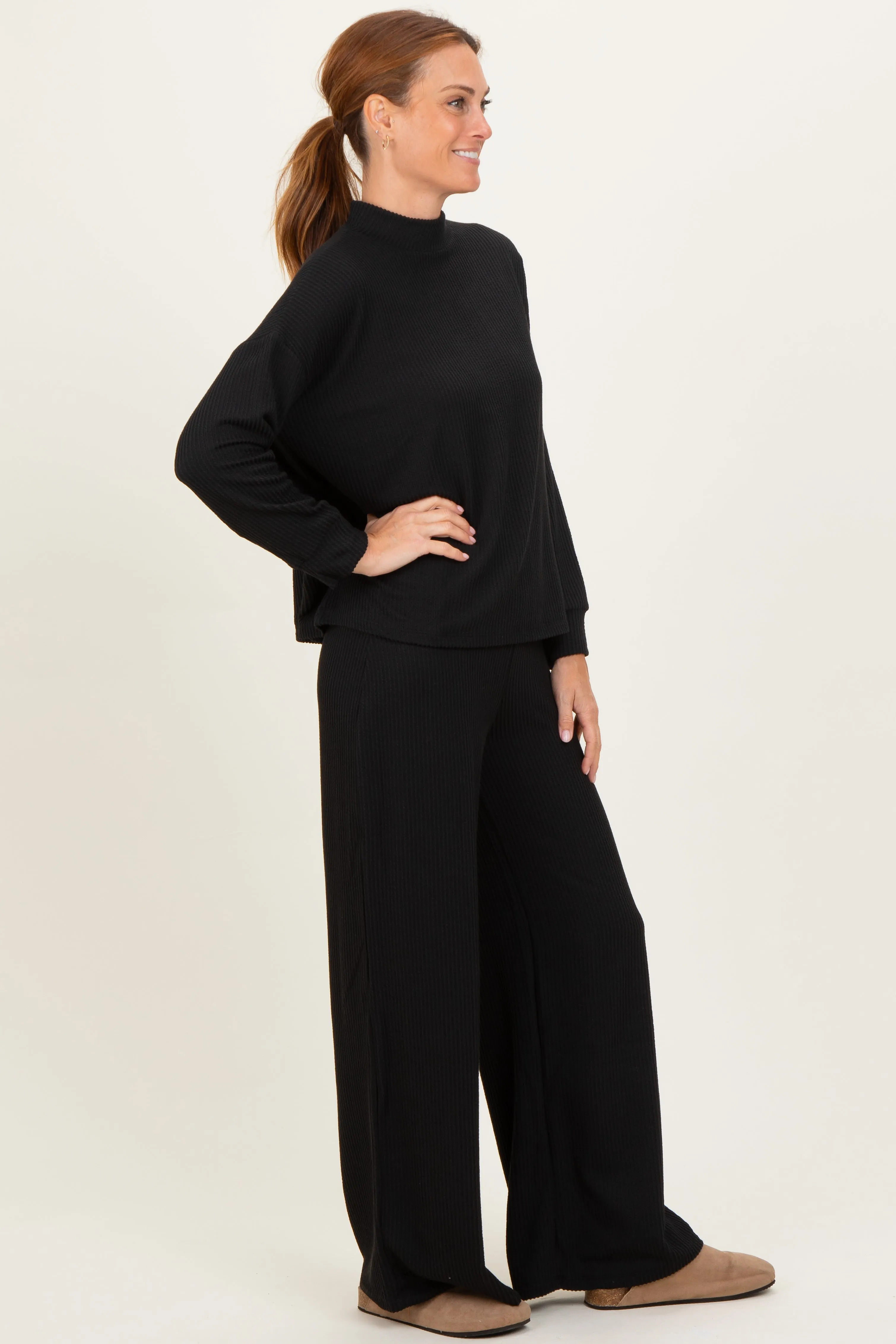 Black Textured Rib Mock Neck Long Sleeve Pants Set sold by Pinkblush product image thumbnail 3