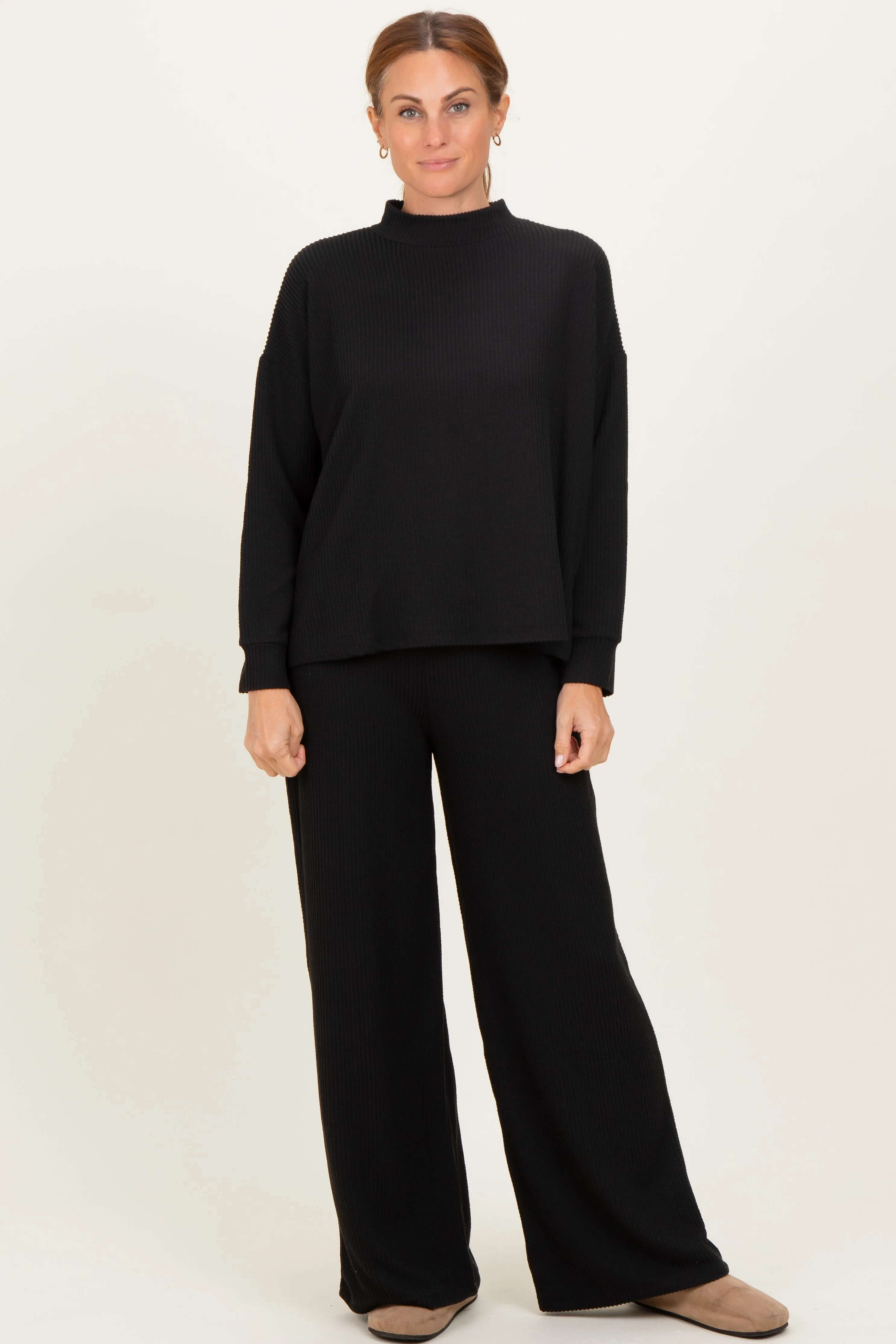 Black Textured Rib Mock Neck Long Sleeve Pants Set sold by Pinkblush