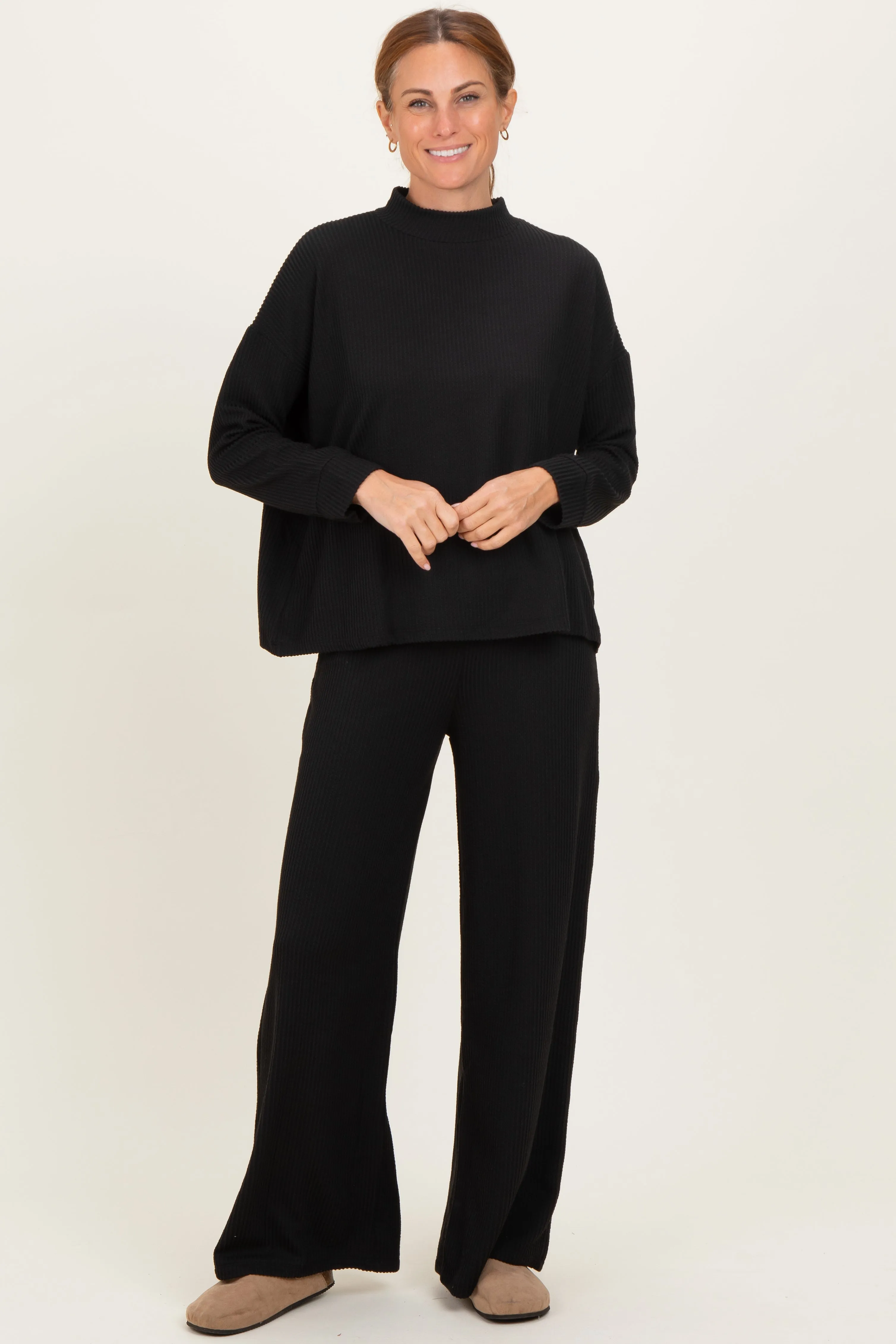 Black Textured Rib Mock Neck Long Sleeve Pants Set sold by Pinkblush product image thumbnail 2