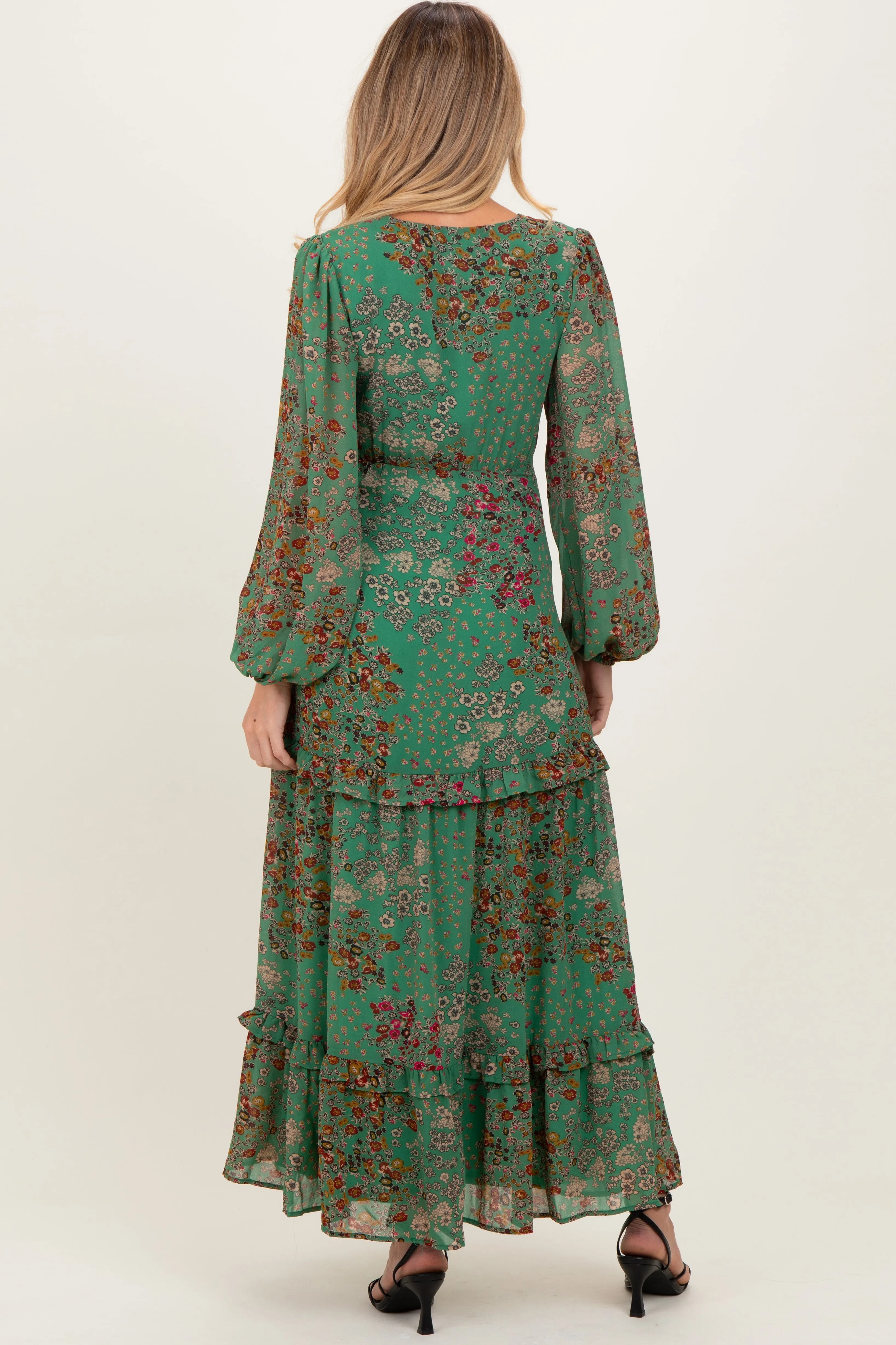 Green Floral Chiffon V-Neck Long Sleeve Maternity Maxi Dress sold by Pinkblush product image thumbnail 4