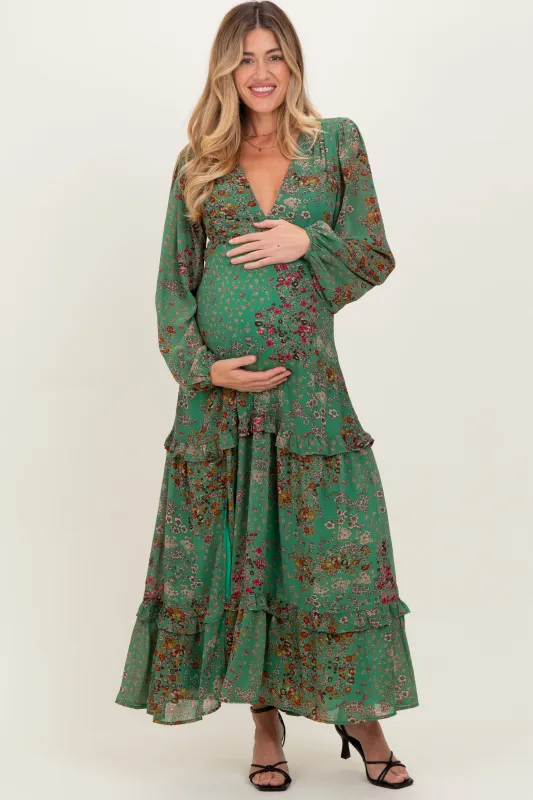 Green Floral Chiffon V-Neck Long Sleeve Maternity Maxi Dress sold by Pinkblush