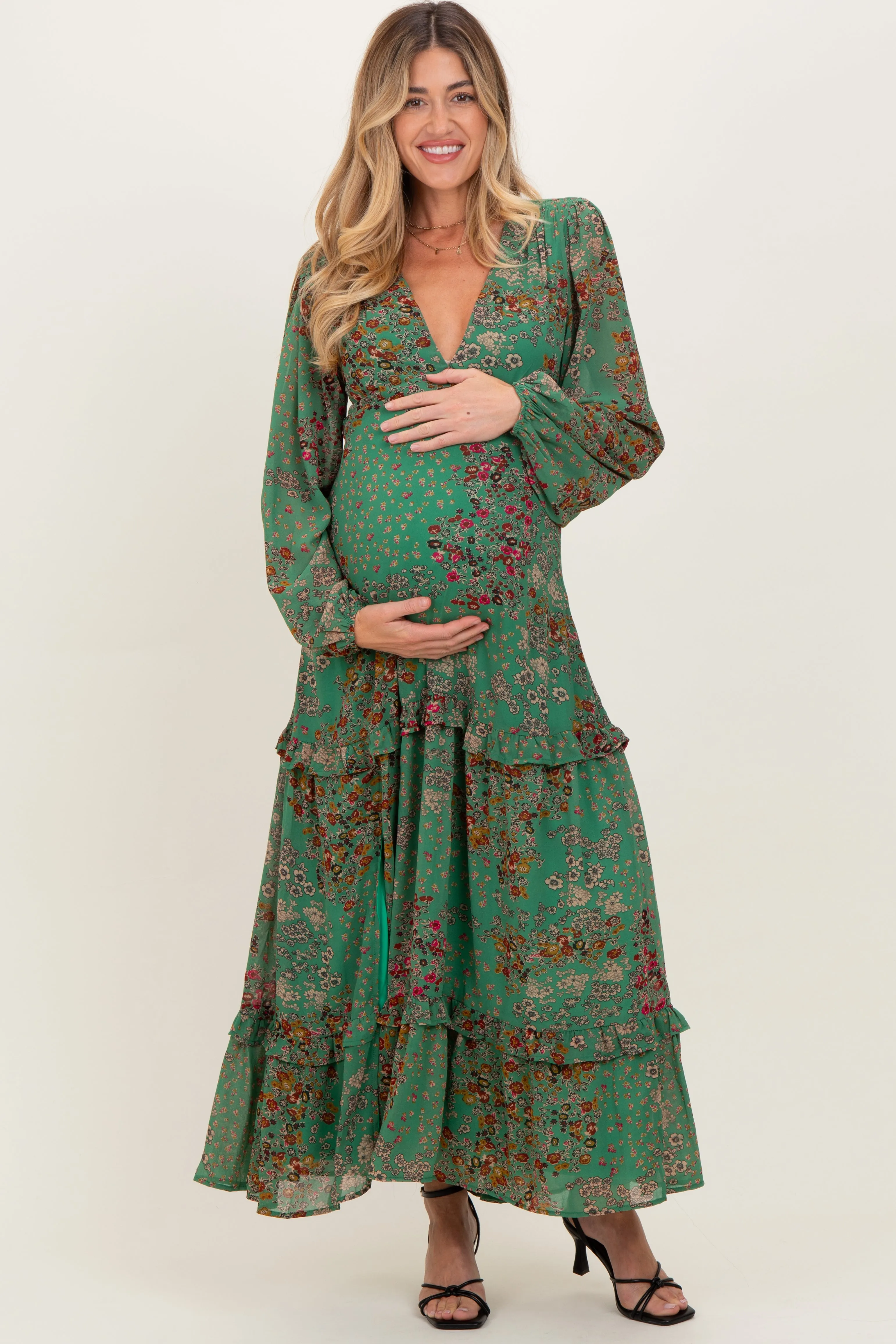 Green Floral Chiffon V-Neck Long Sleeve Maternity Maxi Dress sold by Pinkblush