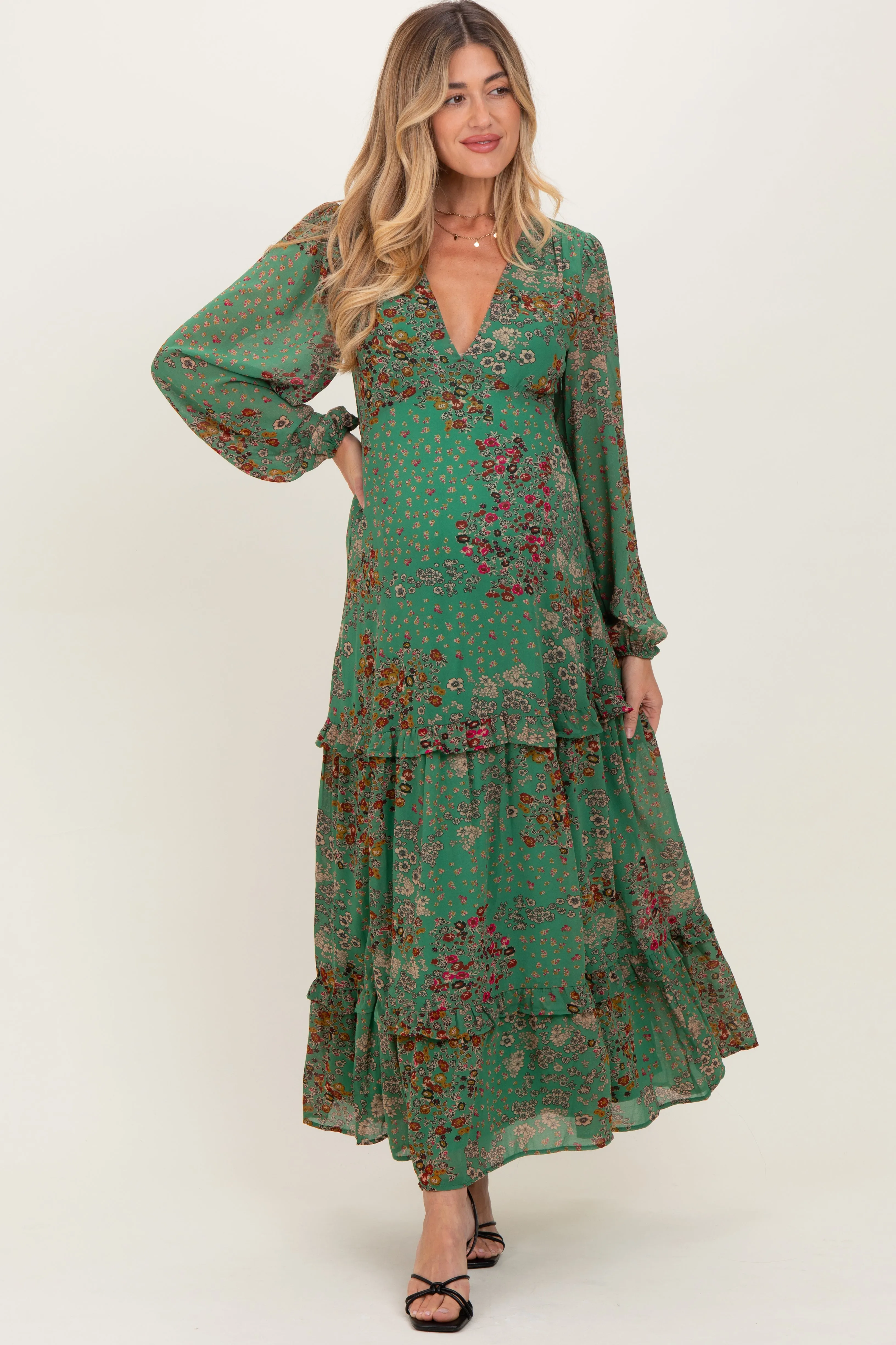 Green Floral Chiffon V-Neck Long Sleeve Maternity Maxi Dress sold by Pinkblush product image thumbnail 2
