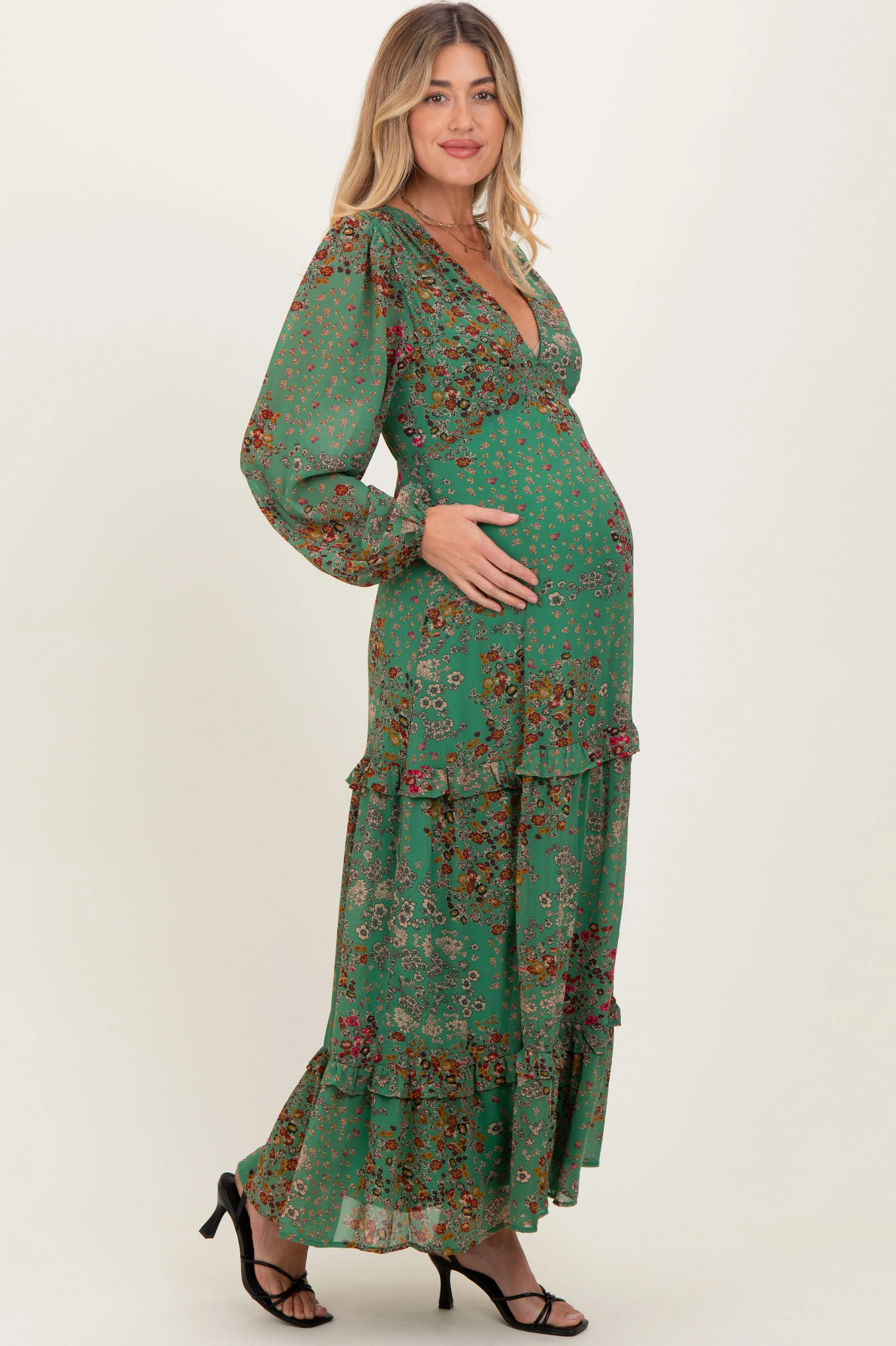 Green Floral Chiffon V-Neck Long Sleeve Maternity Maxi Dress sold by Pinkblush product image thumbnail 3