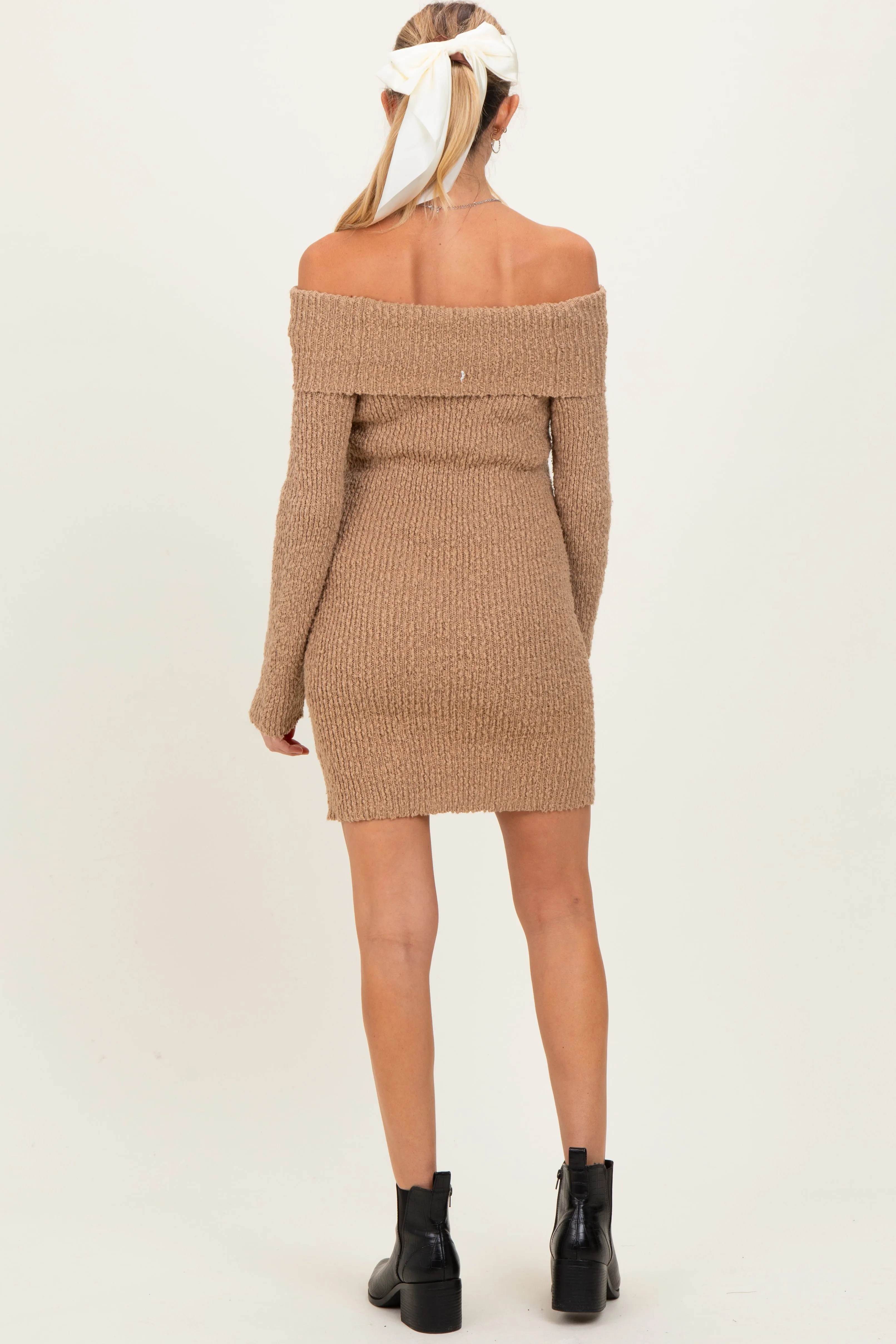 Mocha Off The Shoulder Knit Sweater Maternity Mini Dress sold by Pinkblush product image thumbnail 4