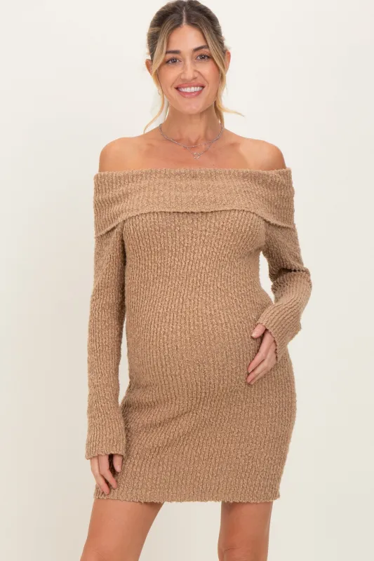 Mocha Off The Shoulder Knit Sweater Maternity Mini Dress sold by Pinkblush