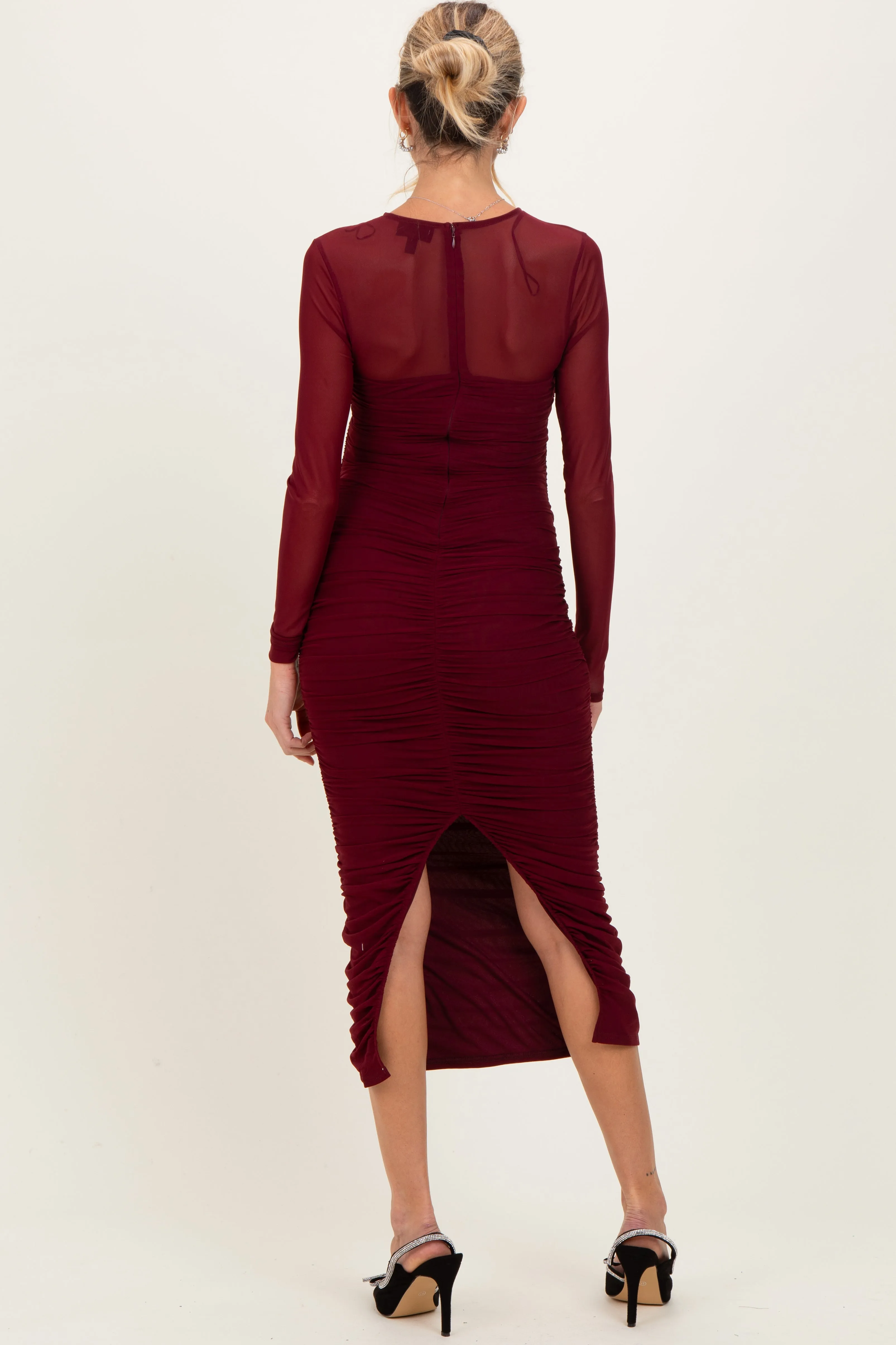 Burgundy Mesh Ruched Long Sleeve Maternity Midi Dress sold by Pinkblush product image thumbnail 4