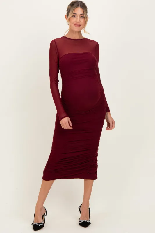 Burgundy Mesh Ruched Long Sleeve Maternity Midi Dress sold by Pinkblush