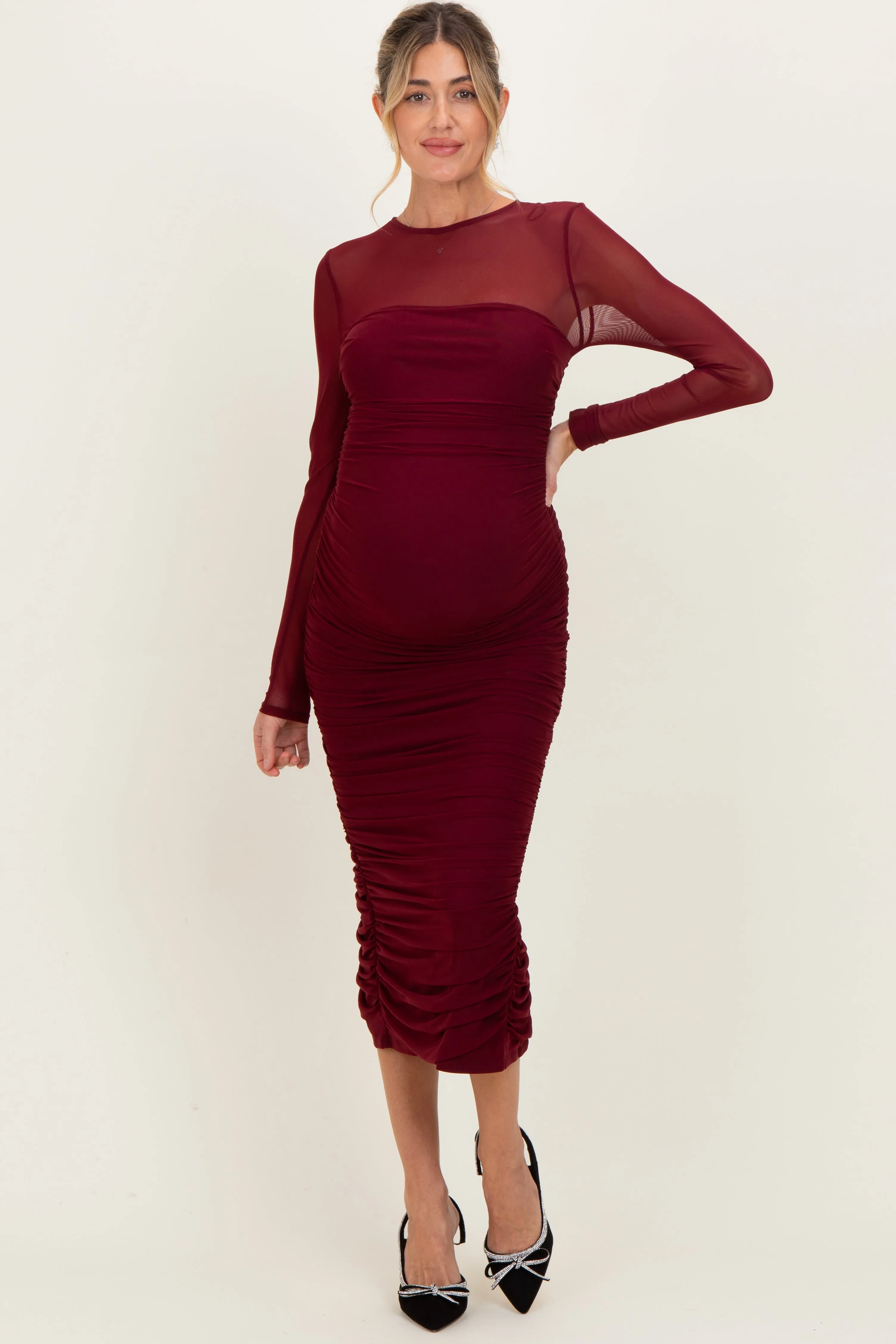 Burgundy Mesh Ruched Long Sleeve Maternity Midi Dress sold by Pinkblush product image thumbnail 2
