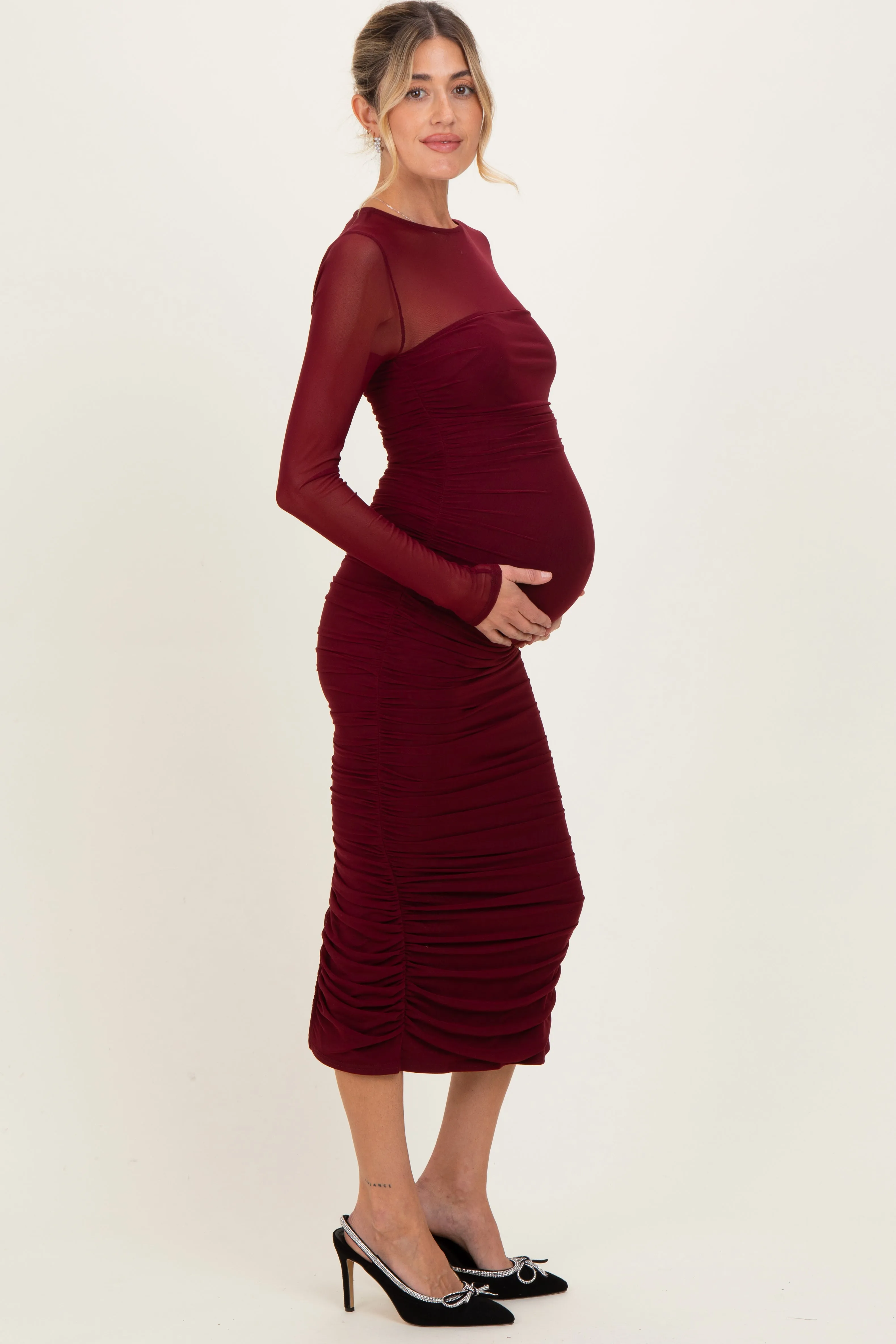 Burgundy Mesh Ruched Long Sleeve Maternity Midi Dress sold by Pinkblush product image thumbnail 3