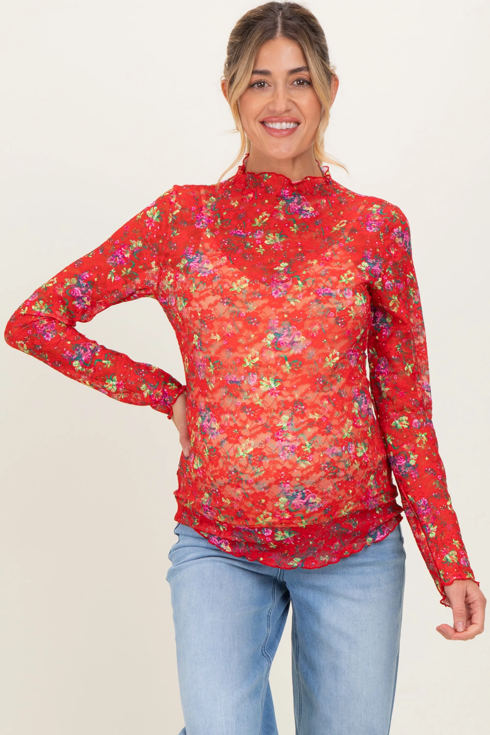 Red Floral Lace Long Sleeve Maternity Top sold by Pinkblush product image thumbnail 2